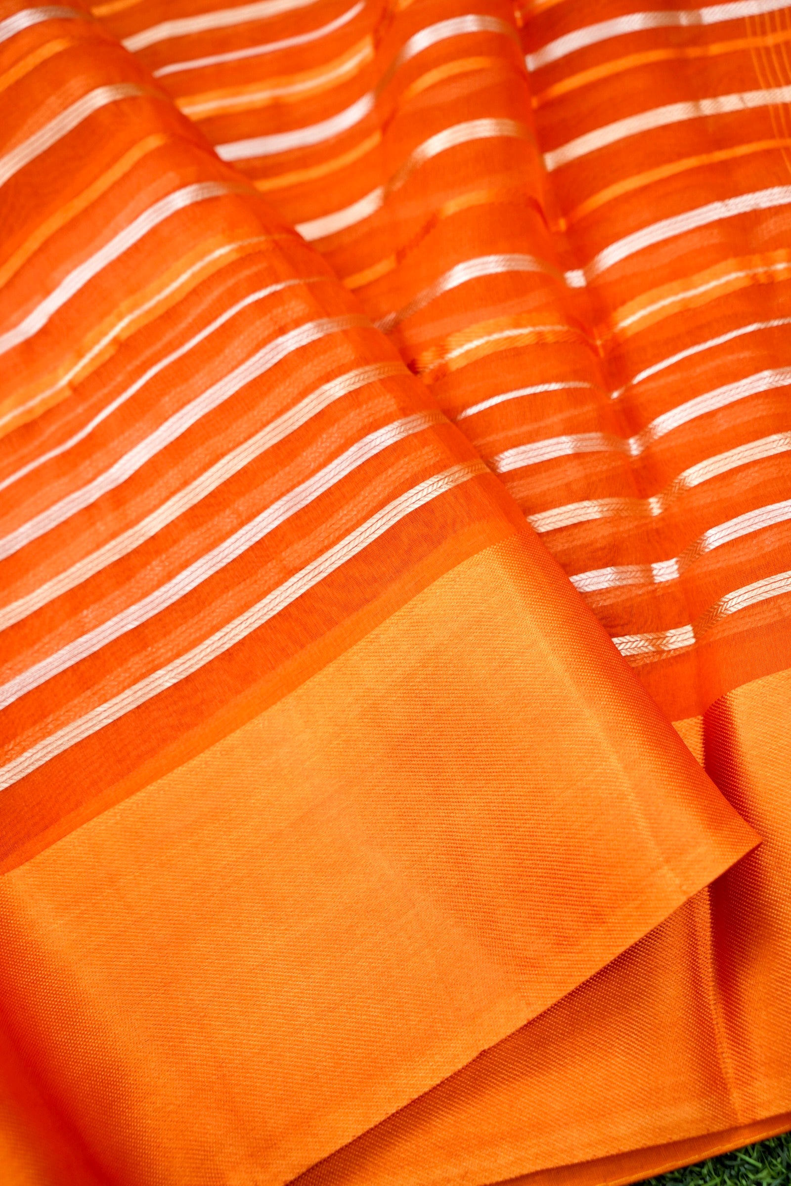 Handloom Kora Silk Banarasi Striped Saree in Orange - Khinkhwab