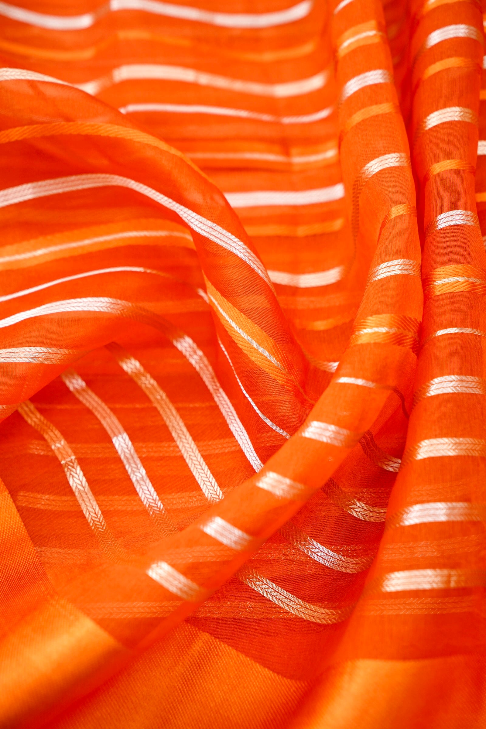 Handloom Kora Silk Banarasi Striped Saree in Orange - Khinkhwab