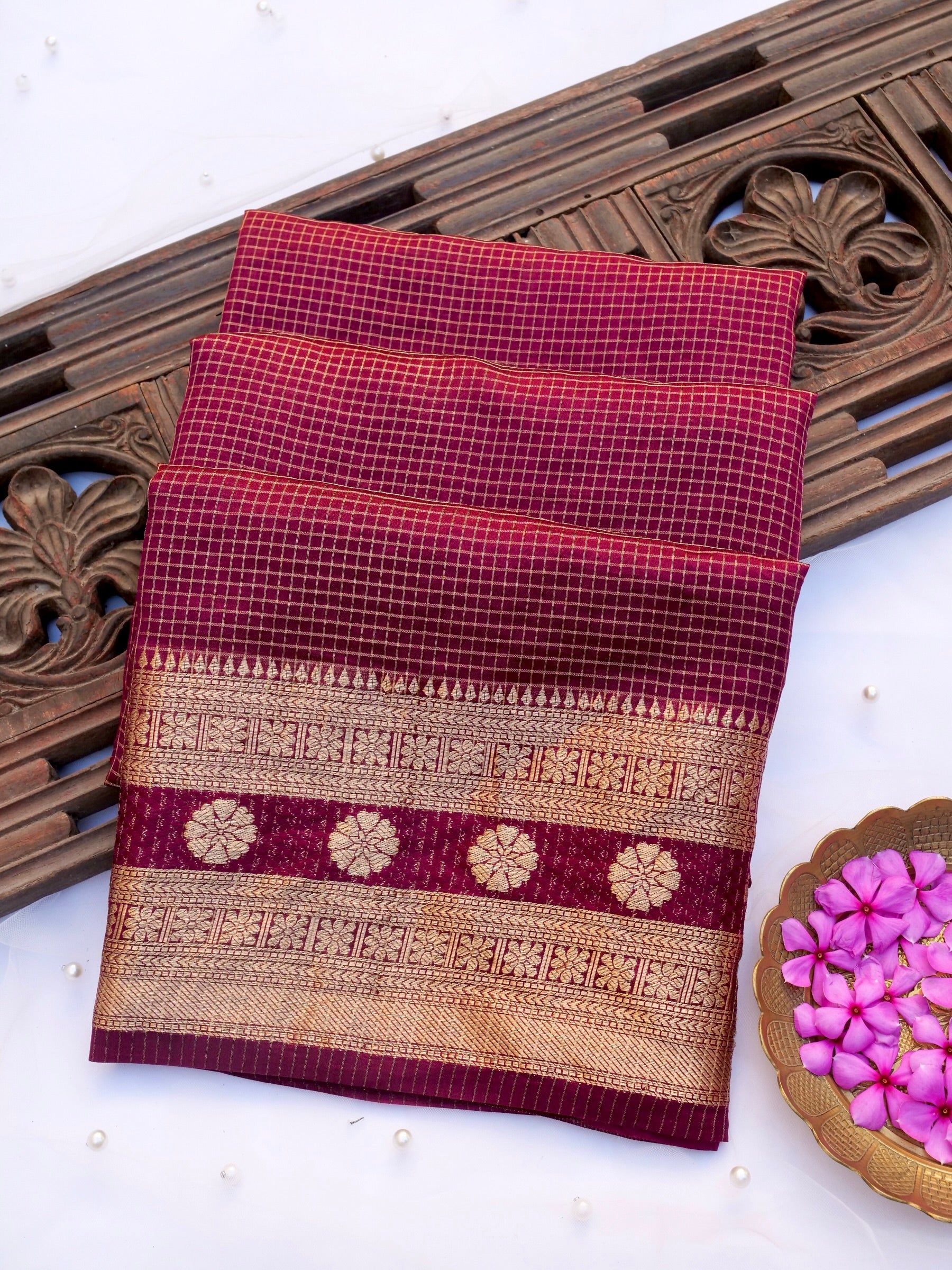 Handloom Dupion Kora Silk Banarasi Check Saree in Purple - Khinkhwab