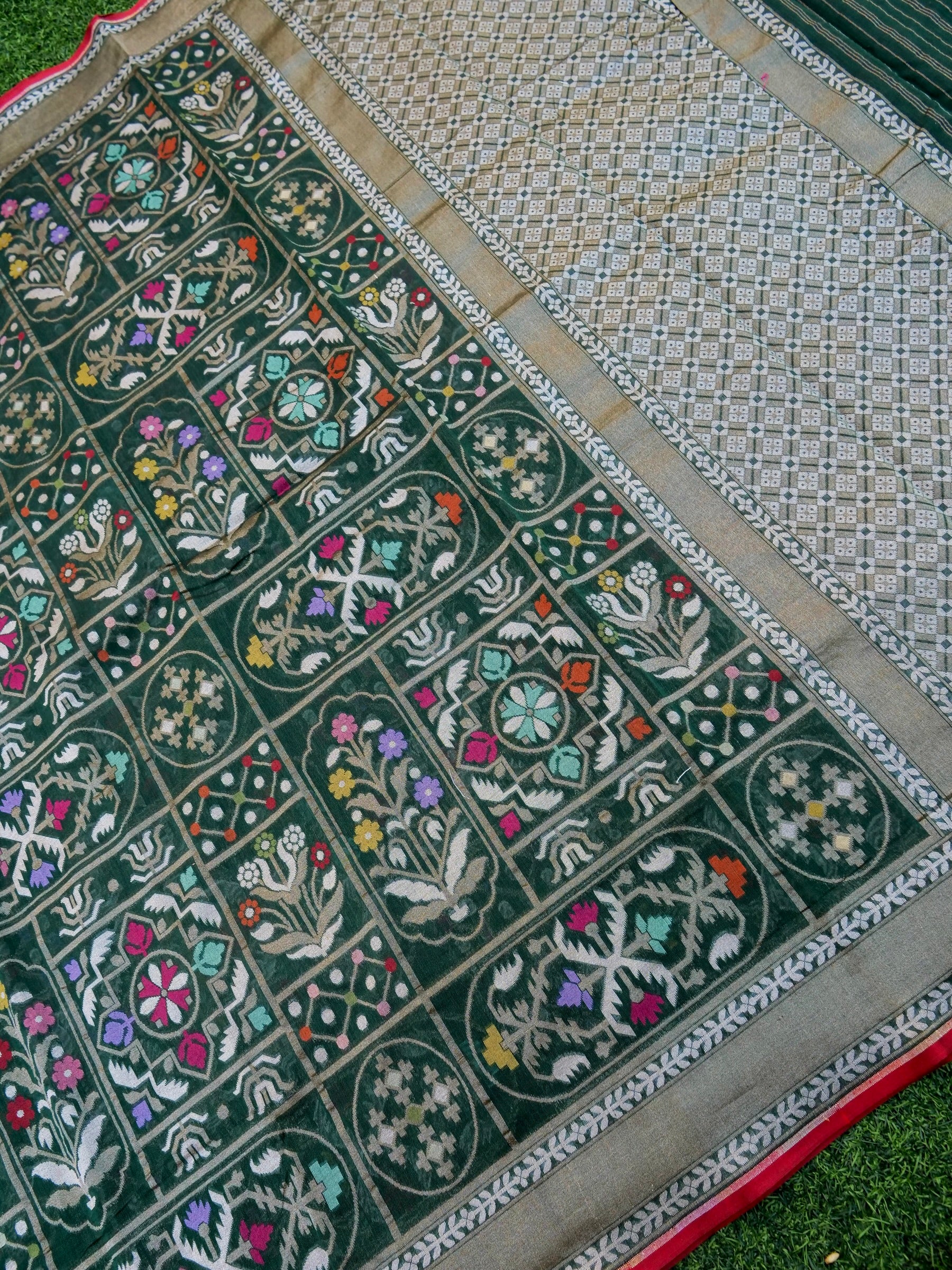 Handloom Cotton Ektara Banarasi Saree in Green - Khinkhwab