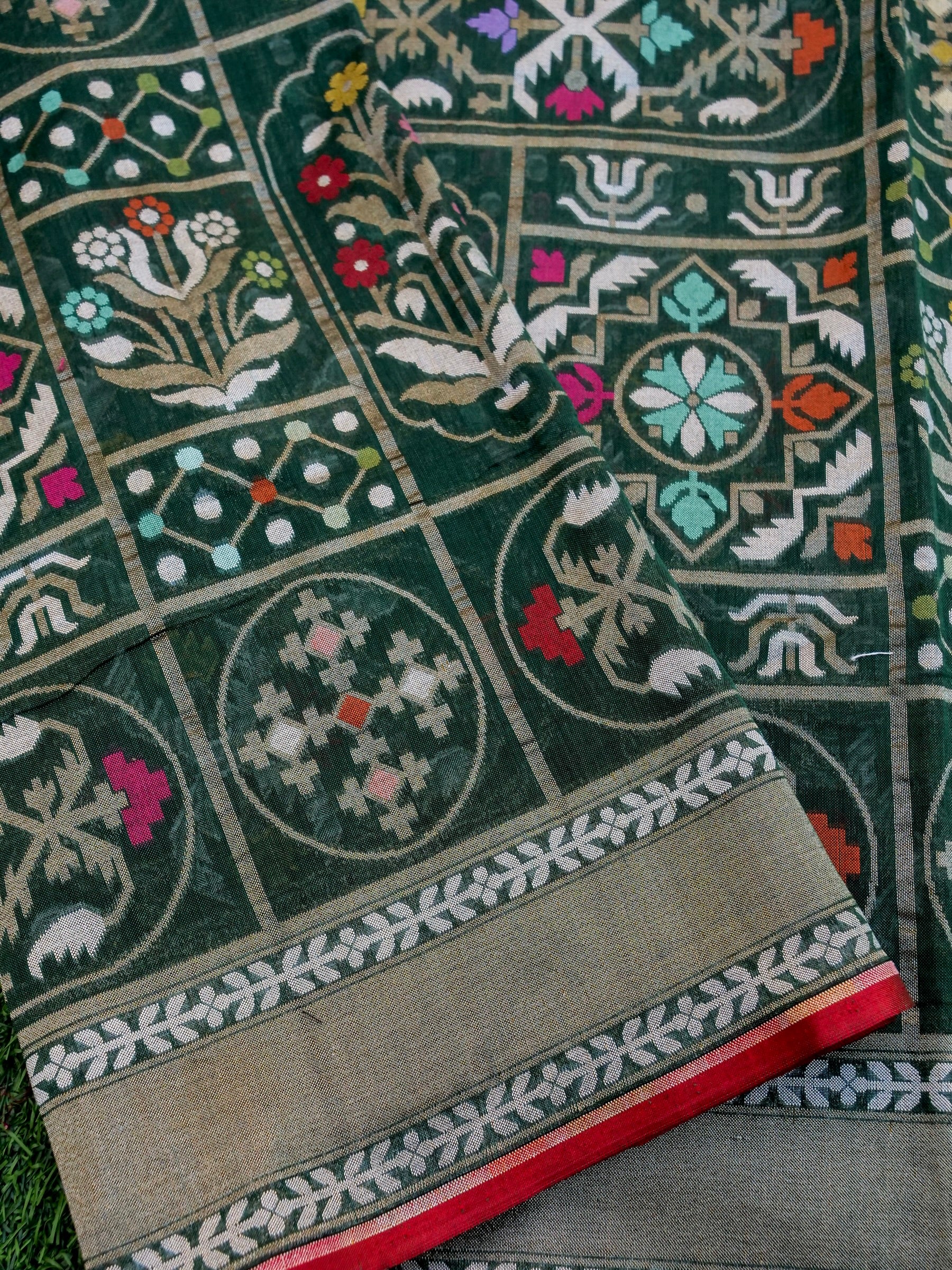 Handloom Cotton Ektara Banarasi Saree in Green - Khinkhwab