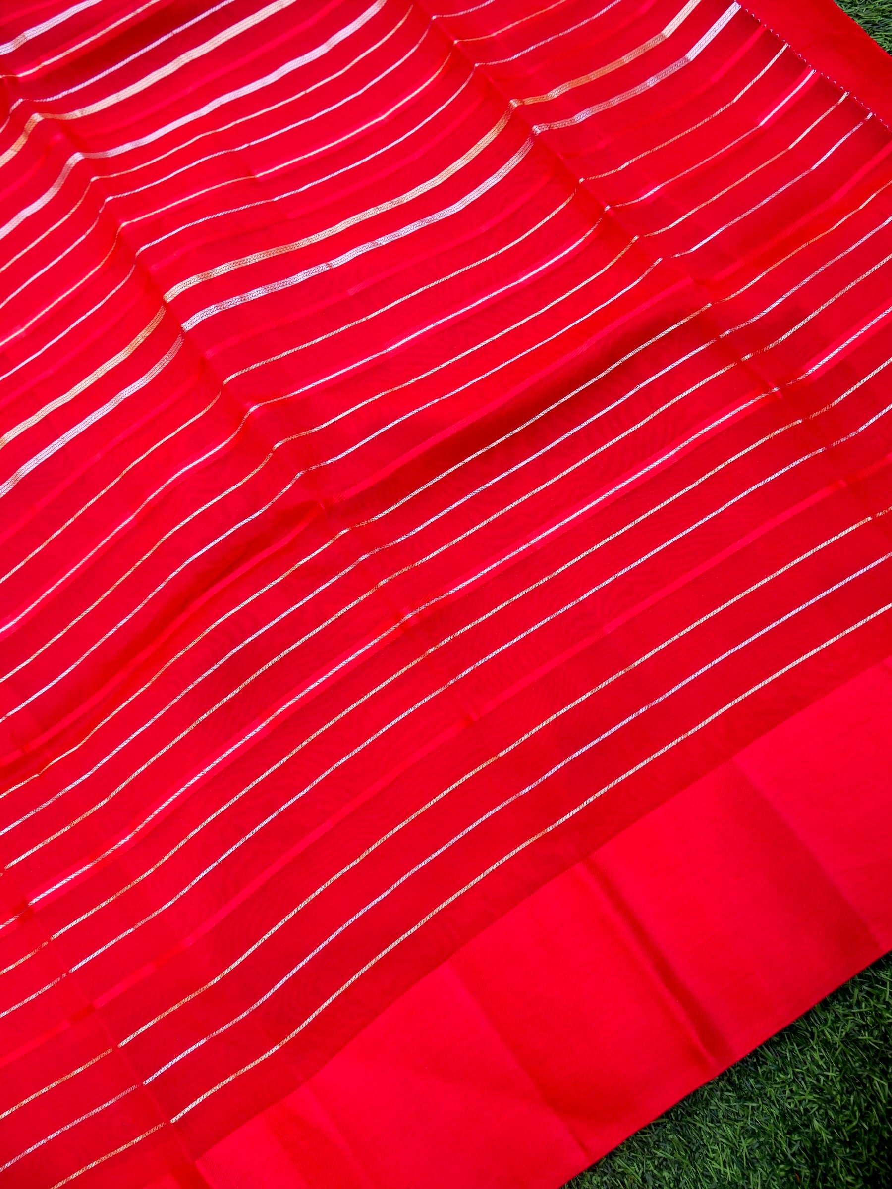 Handloom Kora Silk Banarasi Striped Saree in Red - Khinkhwab