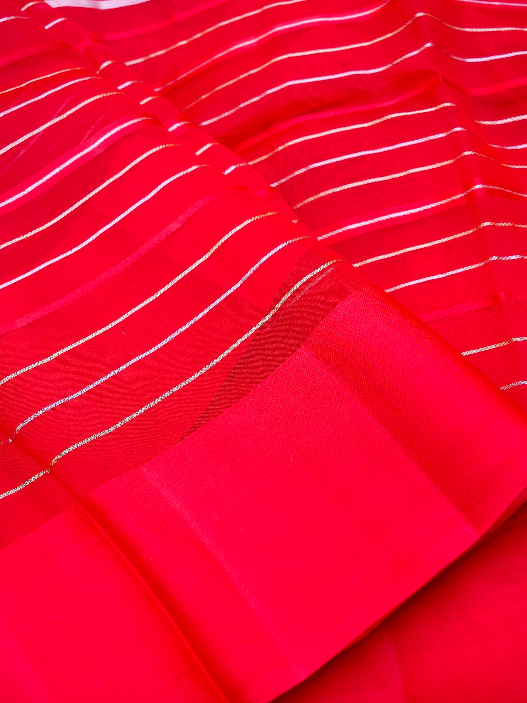 Handloom Kora Silk Banarasi Striped Saree in Red - Khinkhwab