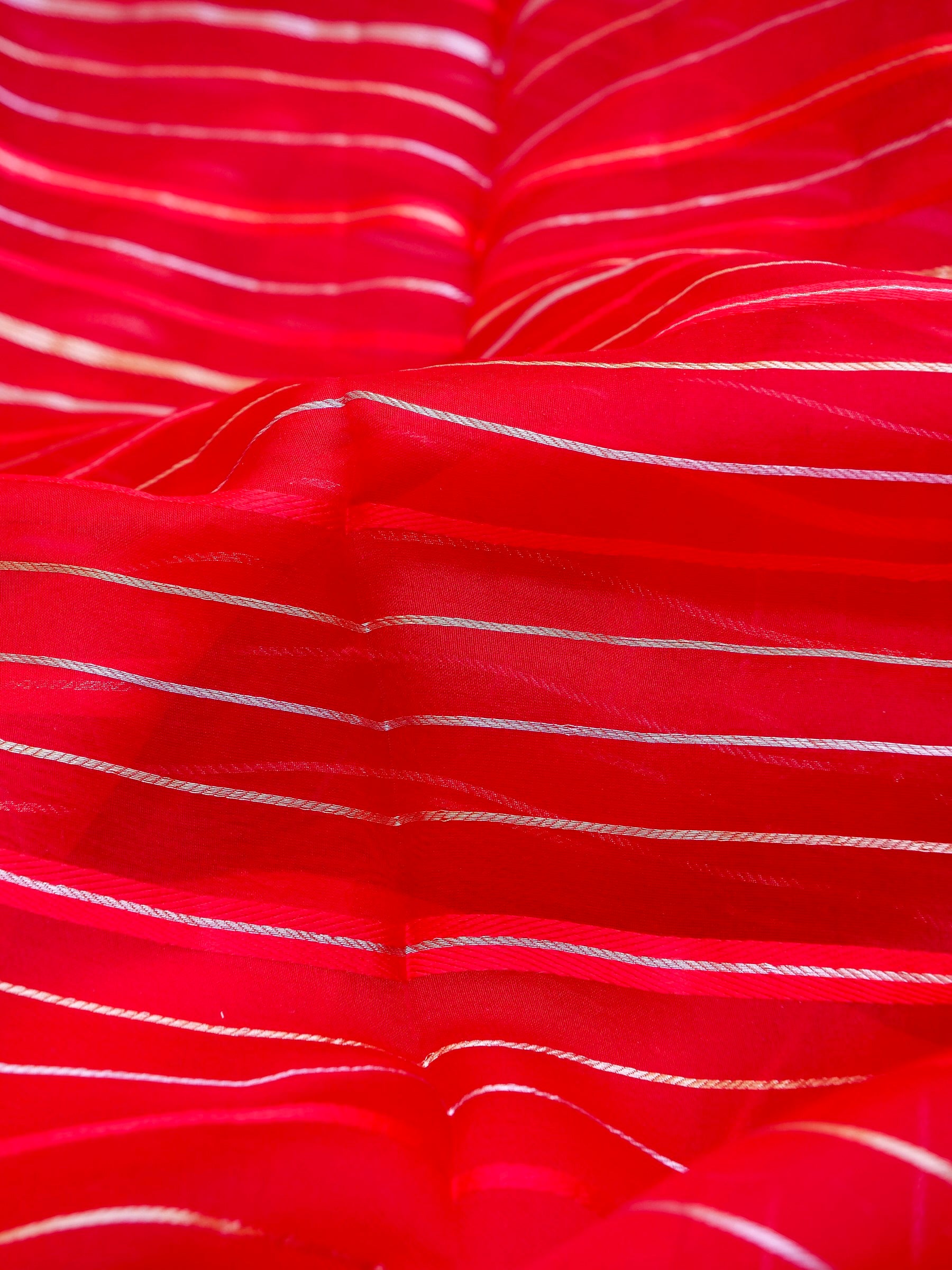 Handloom Kora Silk Banarasi Striped Saree in Red - Khinkhwab