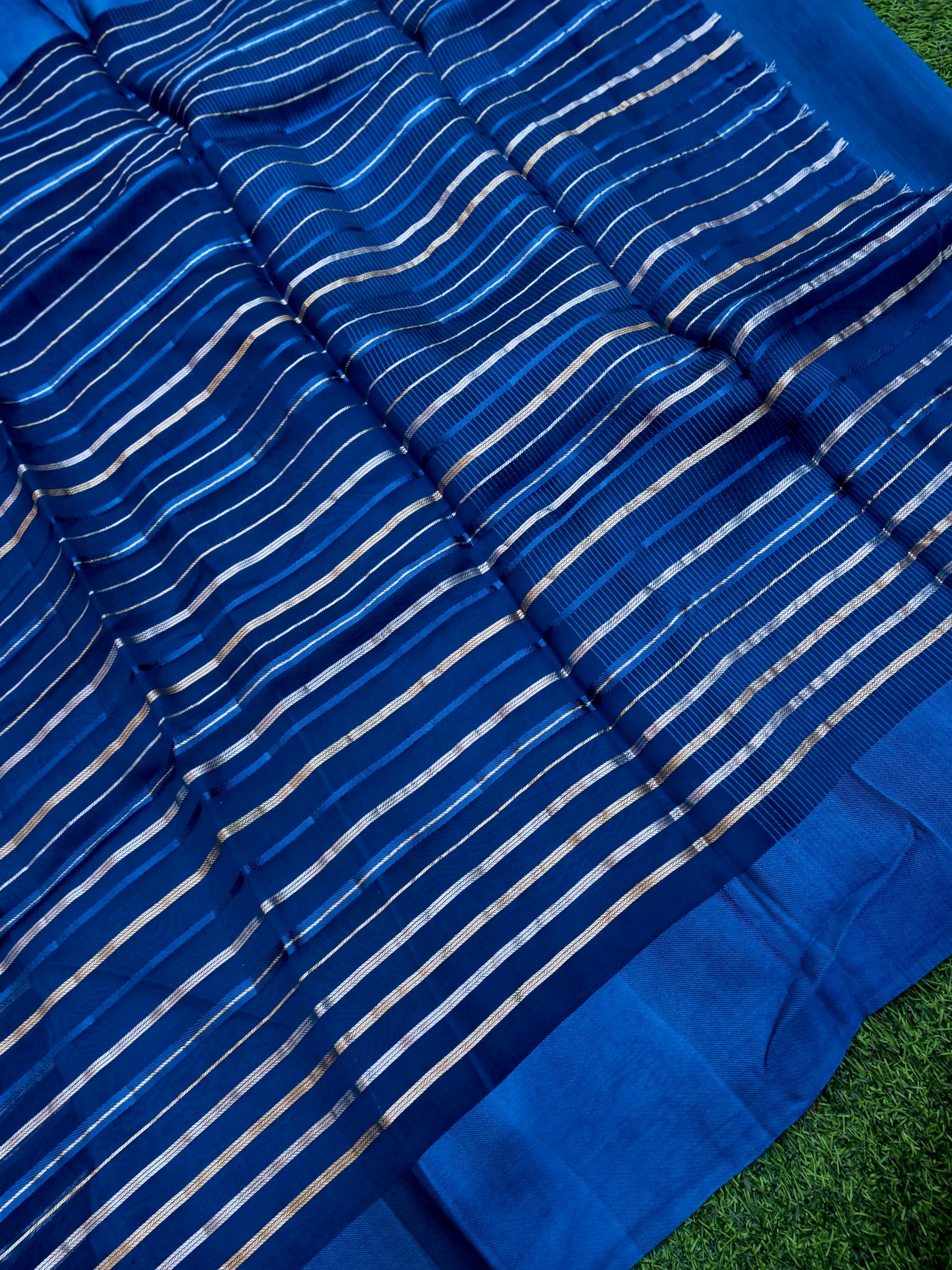 Handloom Kora Silk Banarasi Striped Saree in Blue - Khinkhwab