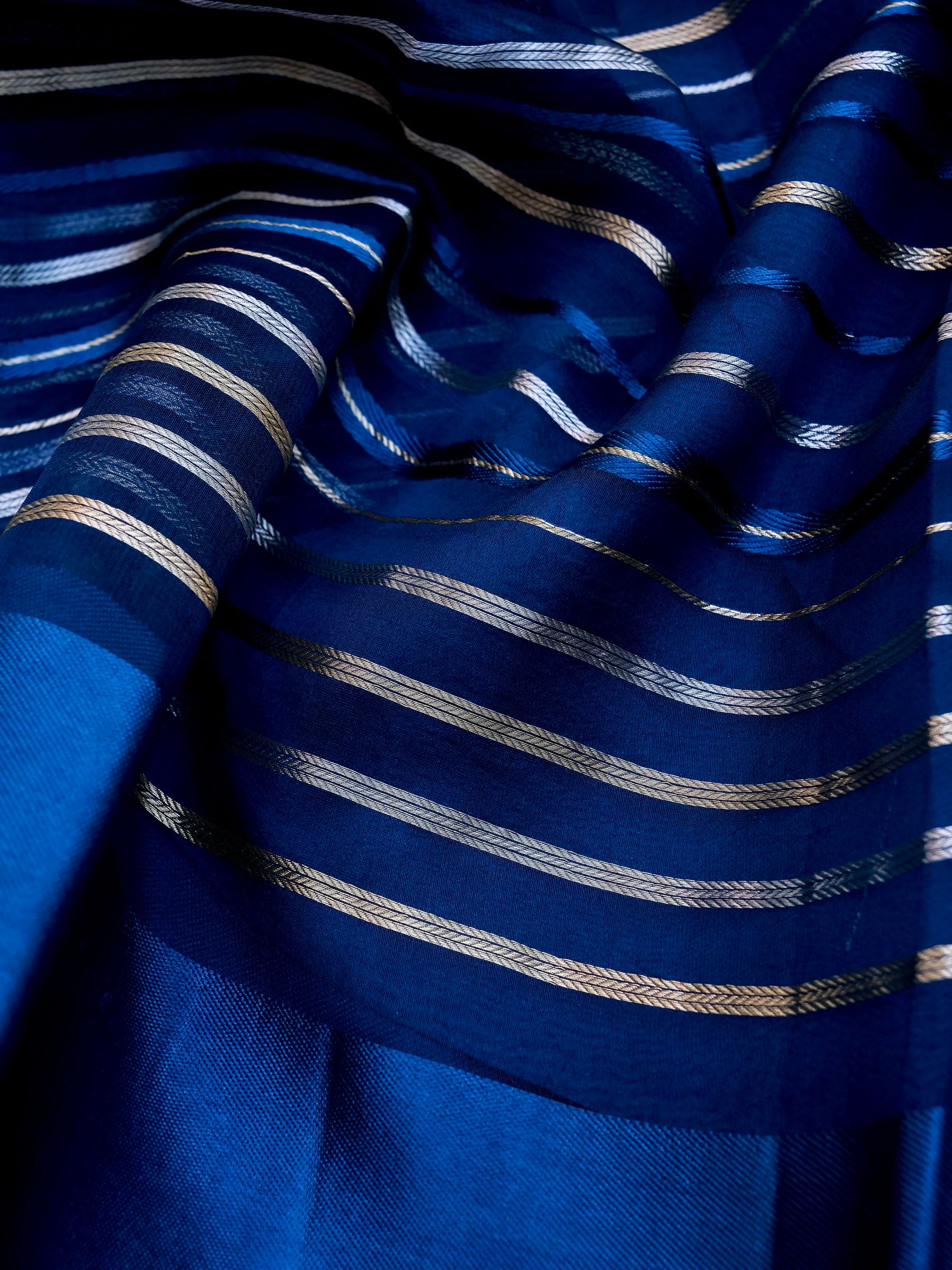 Handloom Kora Silk Banarasi Striped Saree in Blue - Khinkhwab