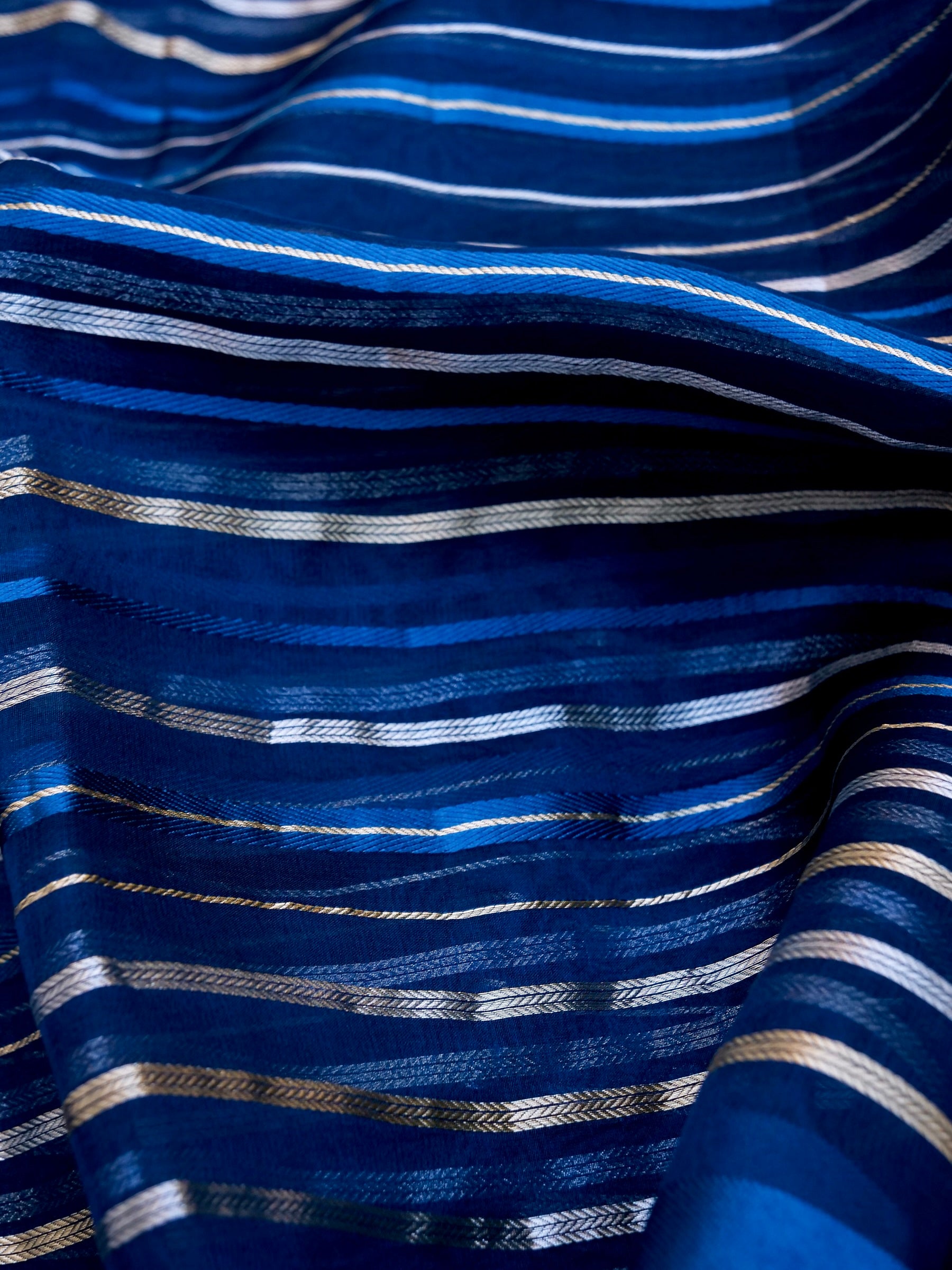 Handloom Kora Silk Banarasi Striped Saree in Blue - Khinkhwab