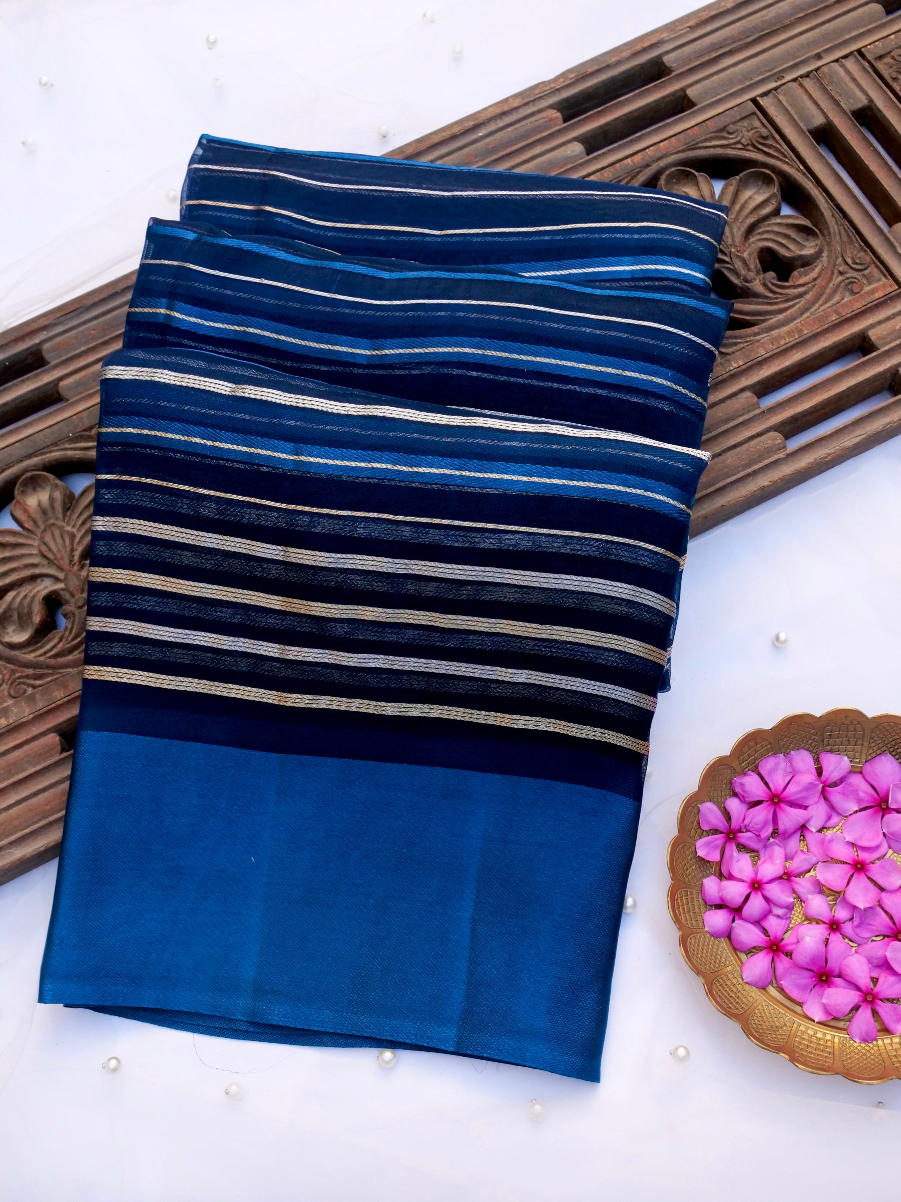 Handloom Kora Silk Banarasi Striped Saree in Blue - Khinkhwab