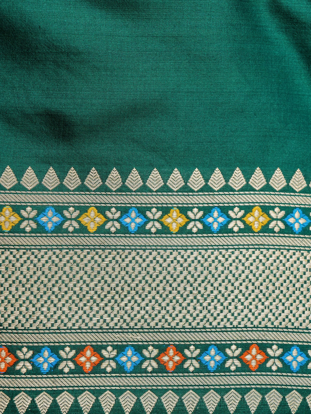 Handwoven Banarasi Katan Silk Patola Border Saree in Bottle Green and Blue