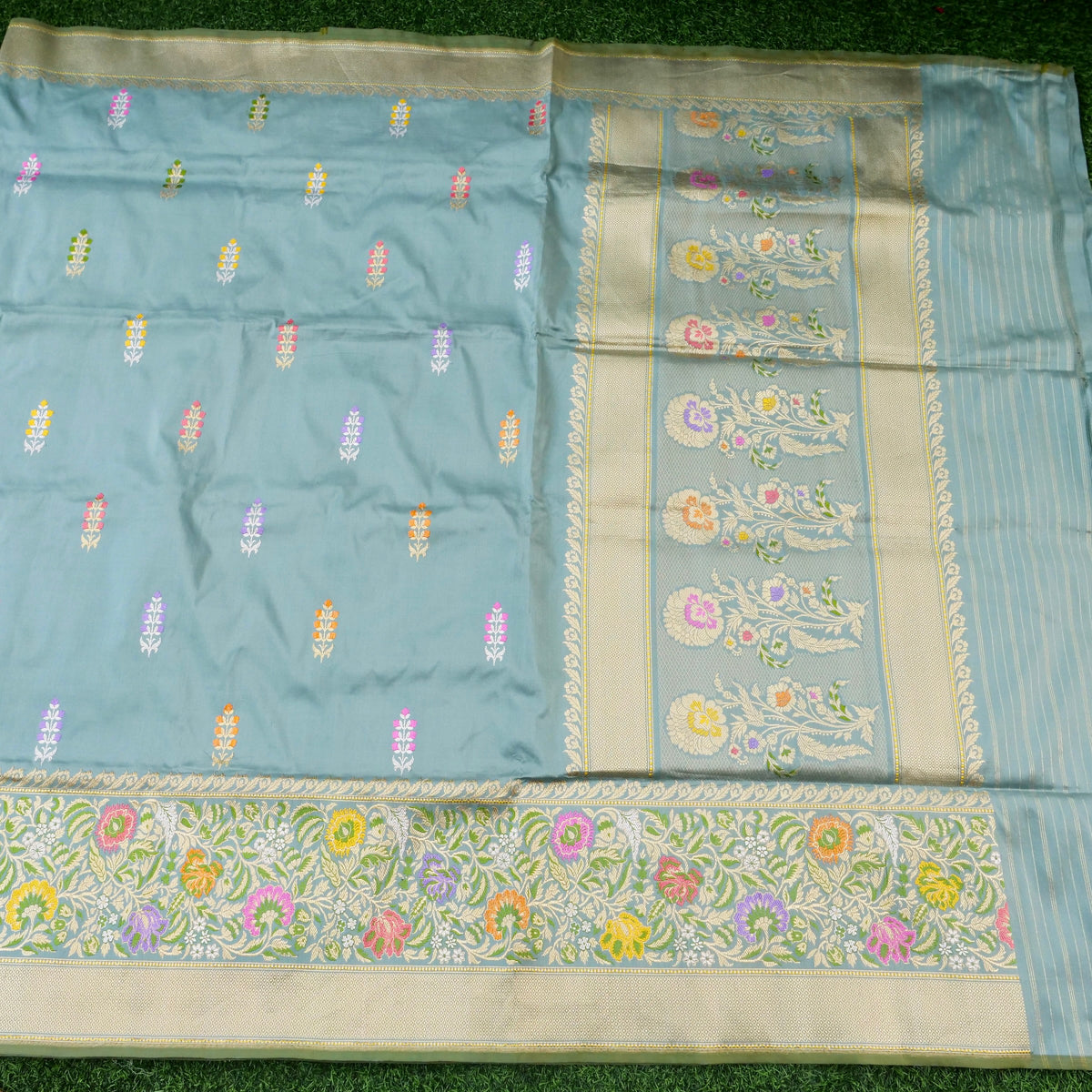 Handwoven Banarasi Katan Silk Tanchoi Tilfi Border Saree in Duck Egg Blue