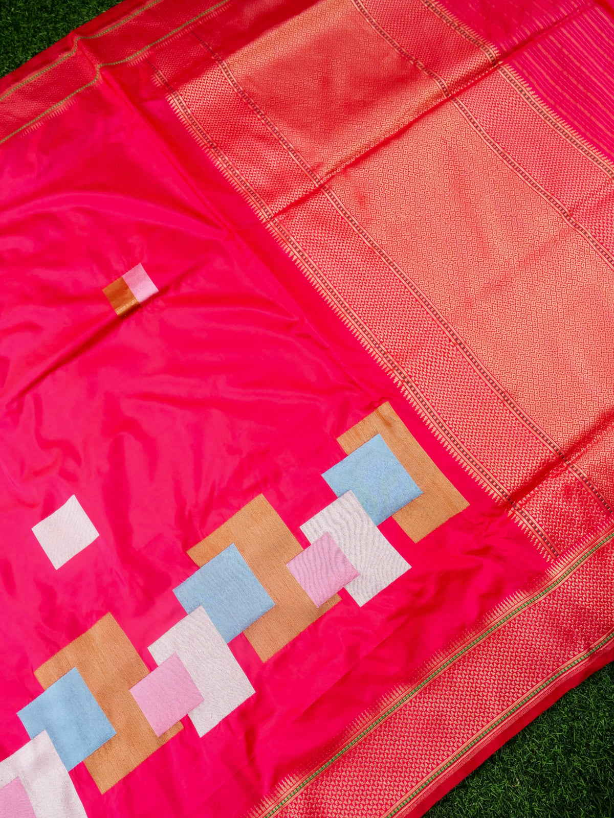Handwoven Banarasi Katan Silk Double Tani Saree in Cerise Pink