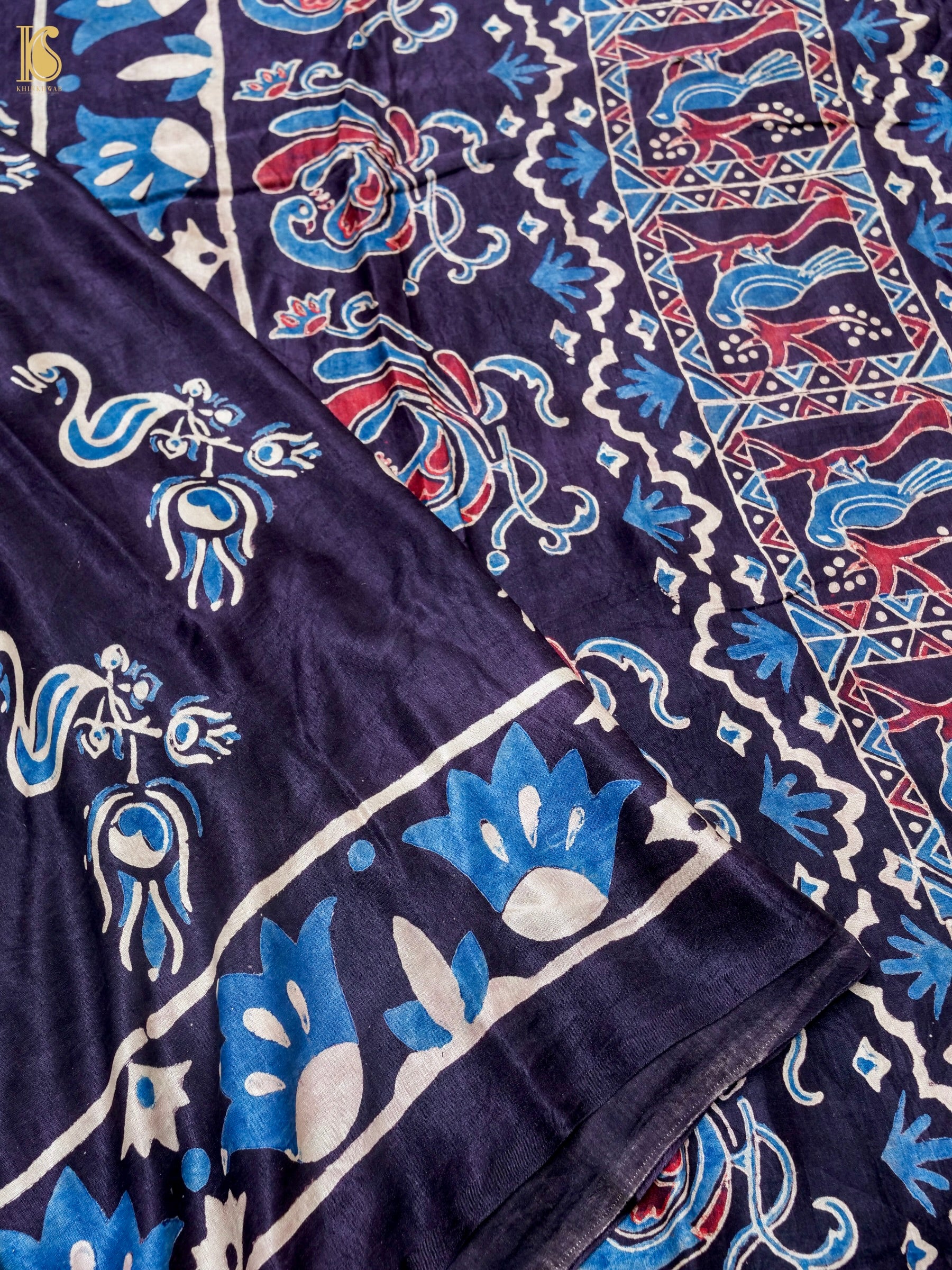 Hand Block Printed Gajji Silk Ajrakh Saree in Black