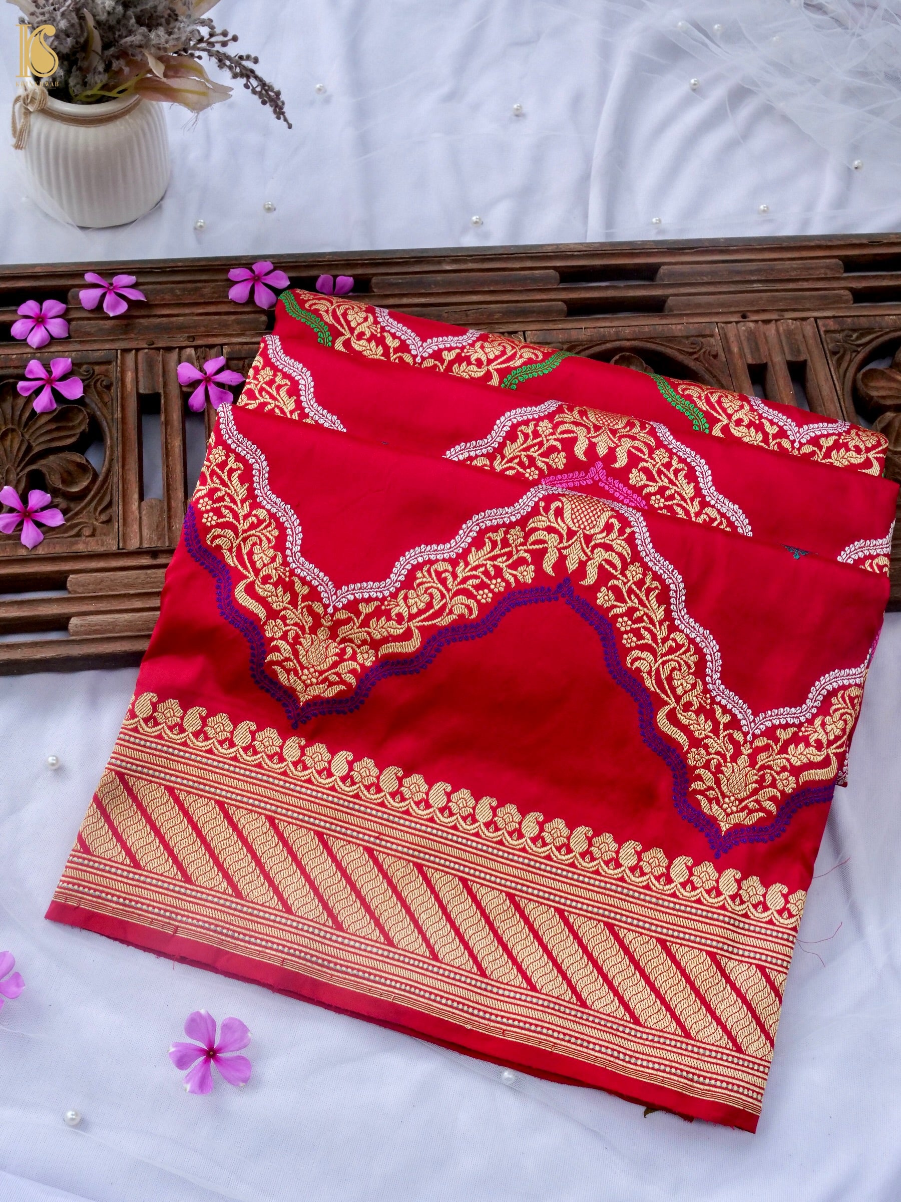 Handwoven Banarasi Silk Kadwa Zig Zag Saree in Red
