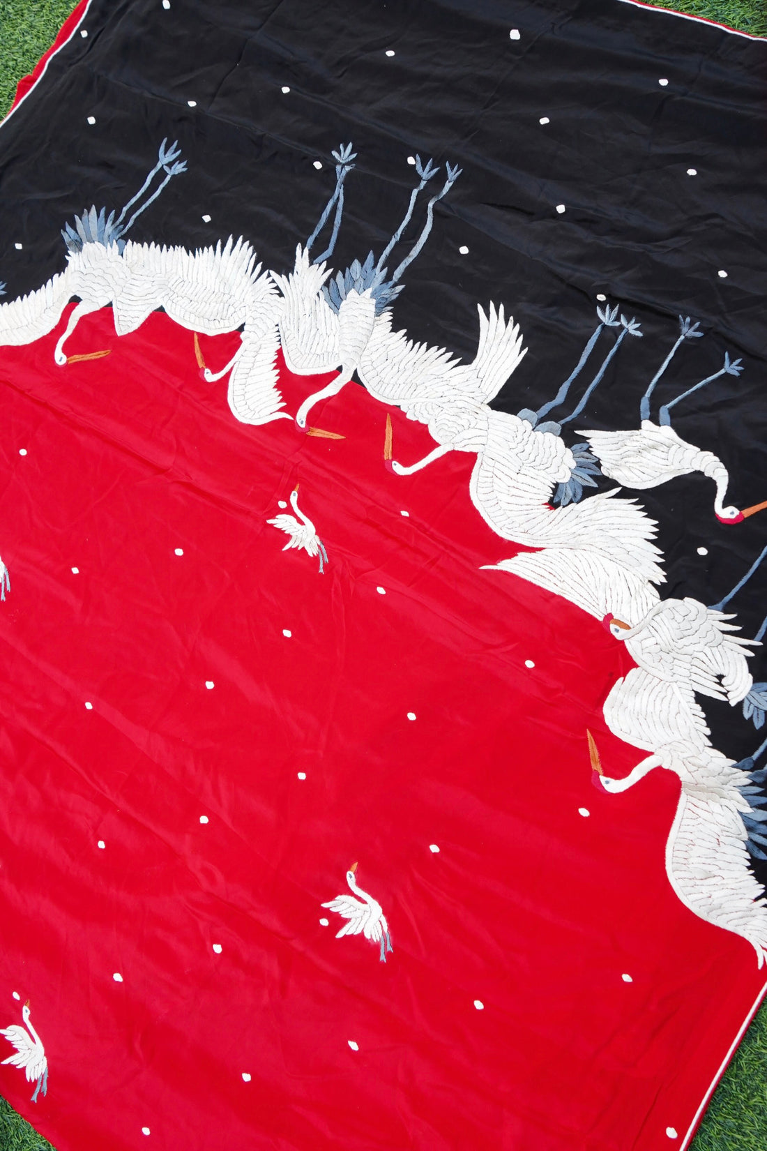 Handcrafted Parsi Gara Pure Crepe Saree in Red & Black - Khinkhwab