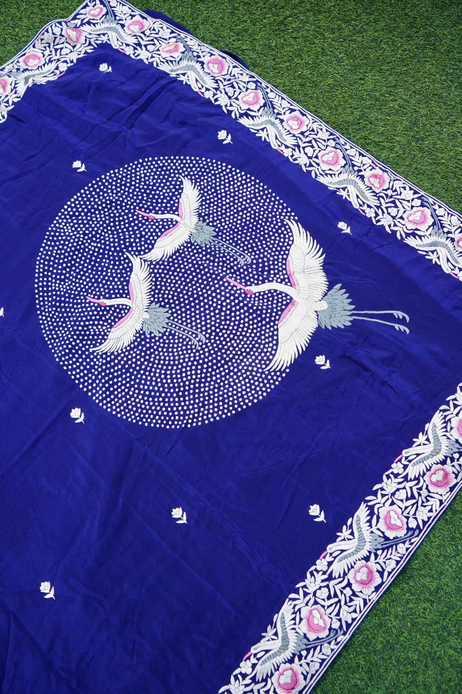 Handcrafted Parsi Gara Pure Crepe Saree in Royal Blue - Khinkhwab