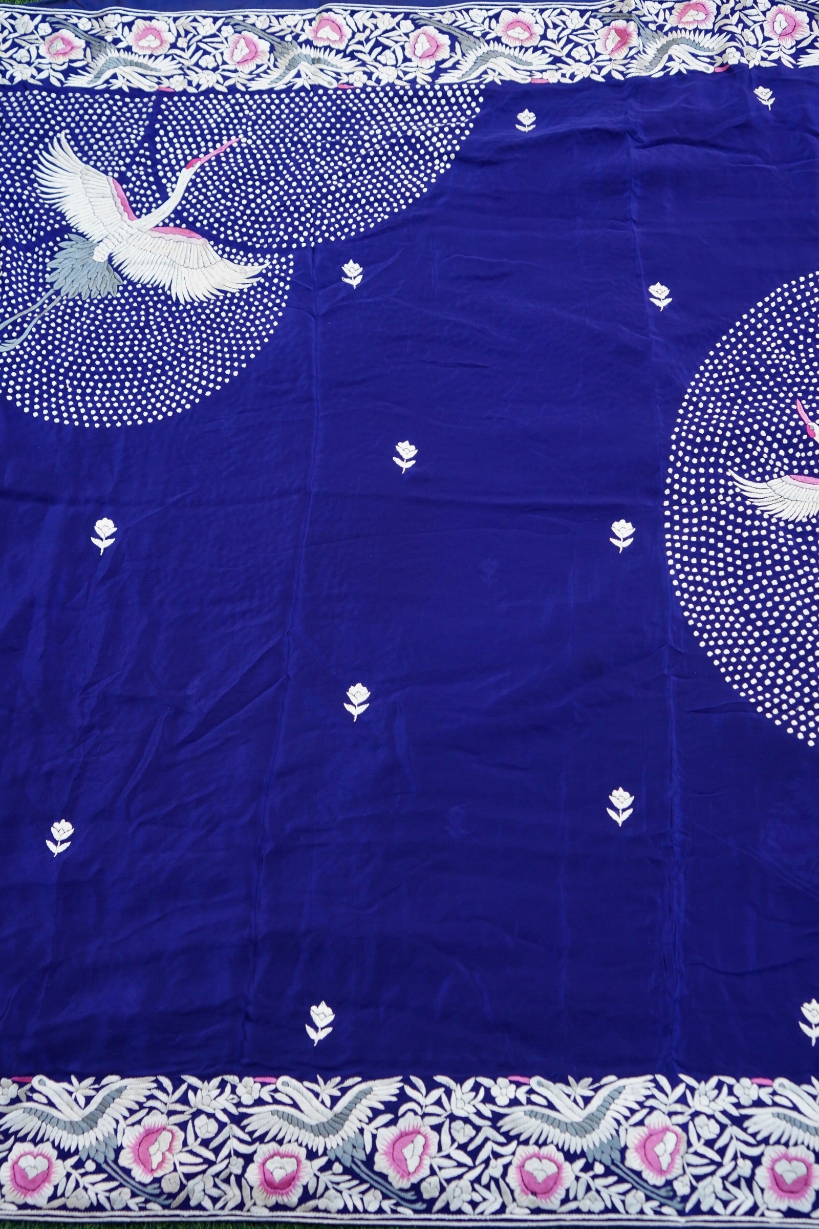 Handcrafted Parsi Gara Pure Crepe Saree in Royal Blue - Khinkhwab