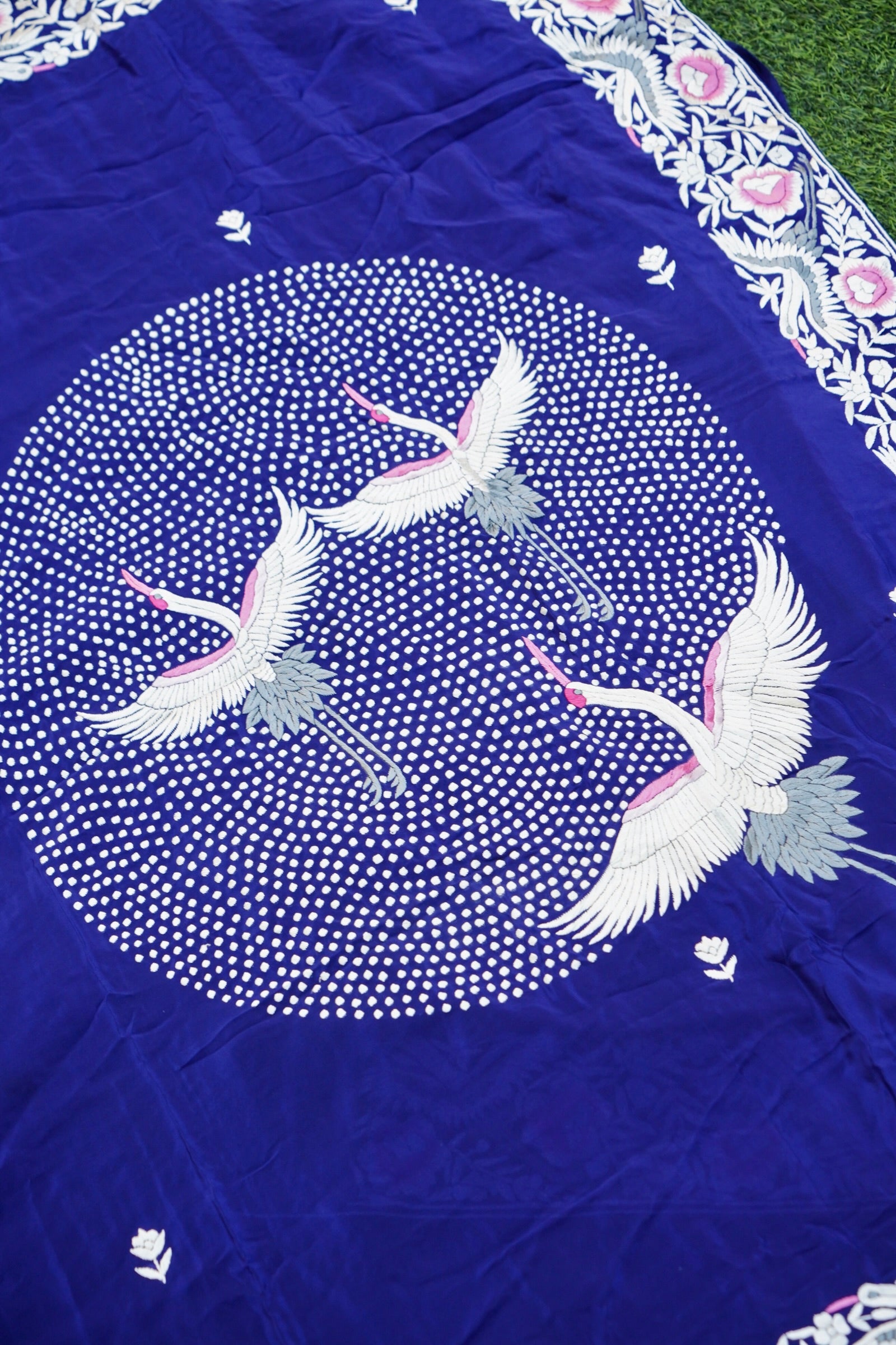 Handcrafted Parsi Gara Pure Crepe Saree in Royal Blue - Khinkhwab