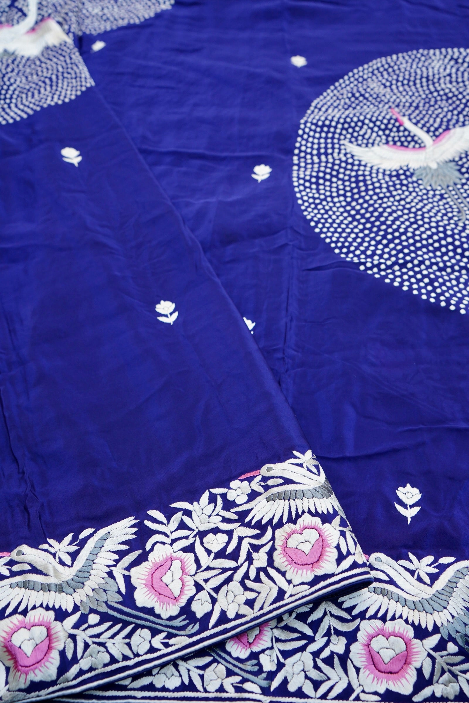 Handcrafted Parsi Gara Pure Crepe Saree in Royal Blue - Khinkhwab
