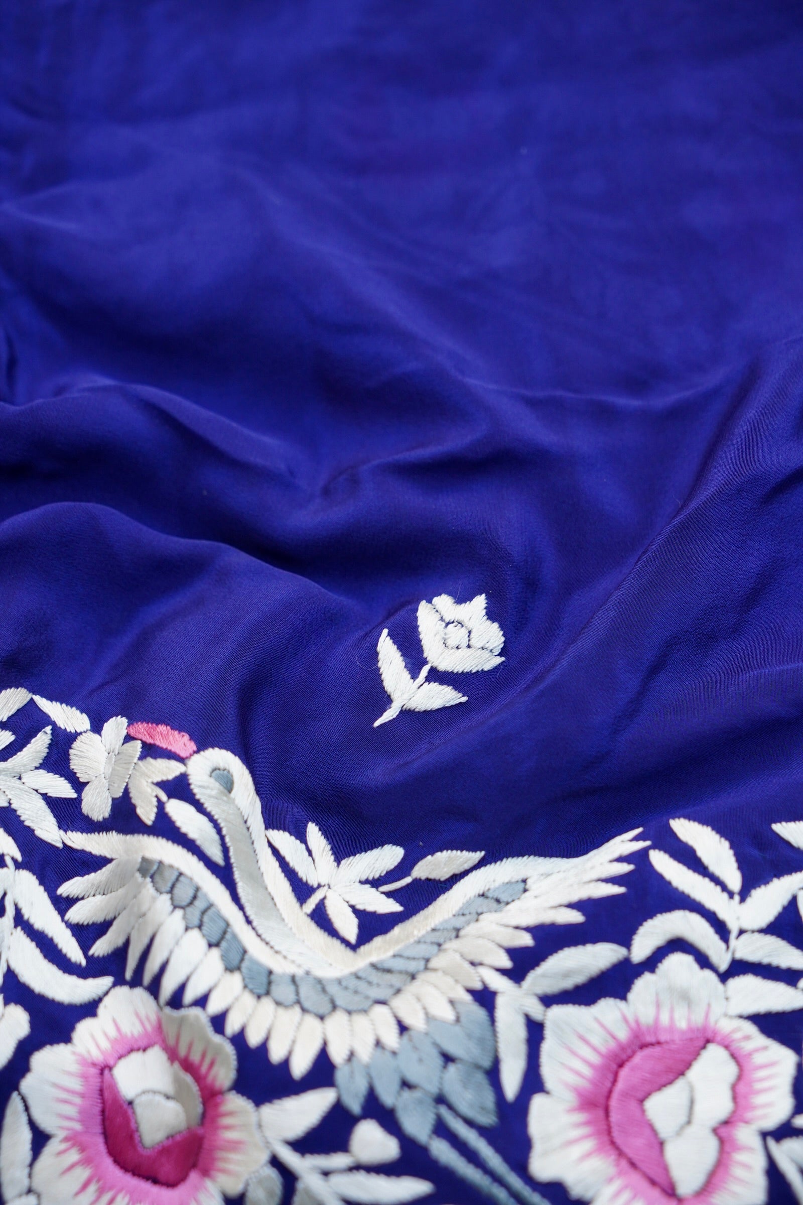 Handcrafted Parsi Gara Pure Crepe Saree in Royal Blue - Khinkhwab