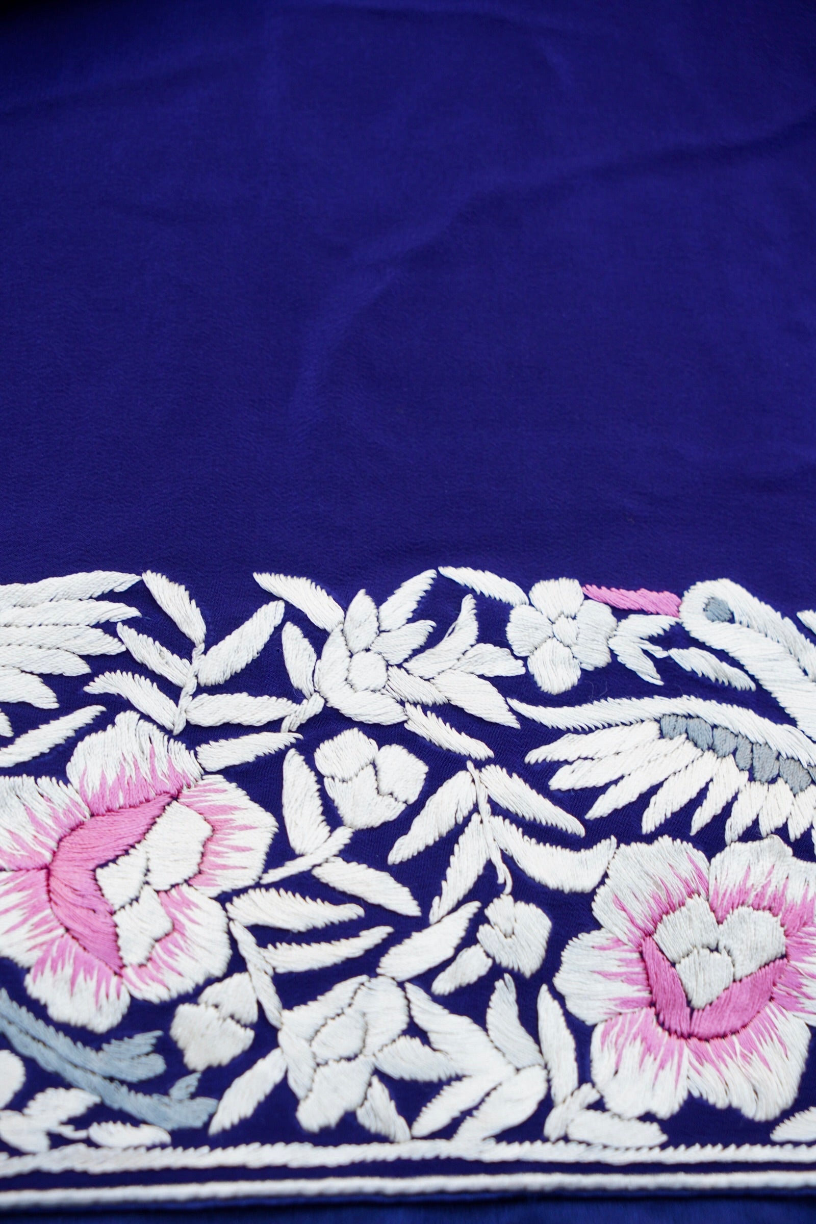 Handcrafted Parsi Gara Pure Crepe Saree in Royal Blue - Khinkhwab