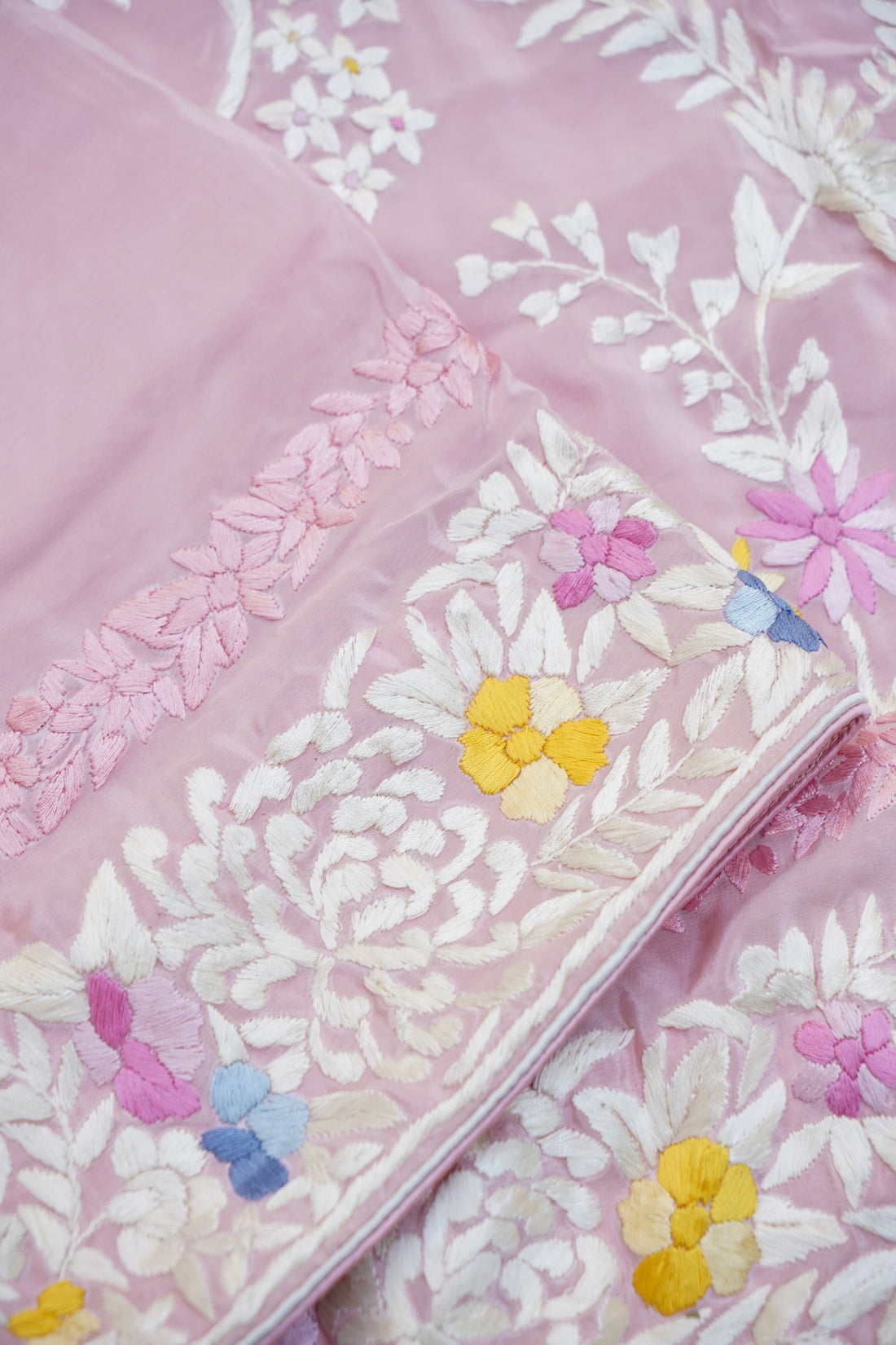 Handcrafted Parsi Gara Pure Crepe Saree in Blush Pink - Khinkhwab