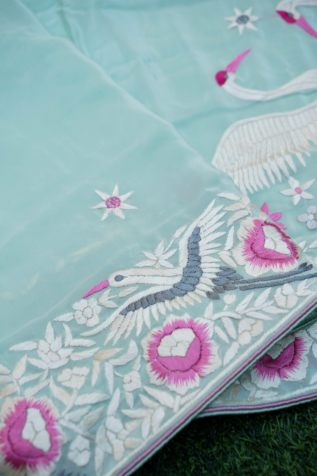 Handcrafted Parsi Gara Pure Crepe Saree in Ice Blue - Khinkhwab
