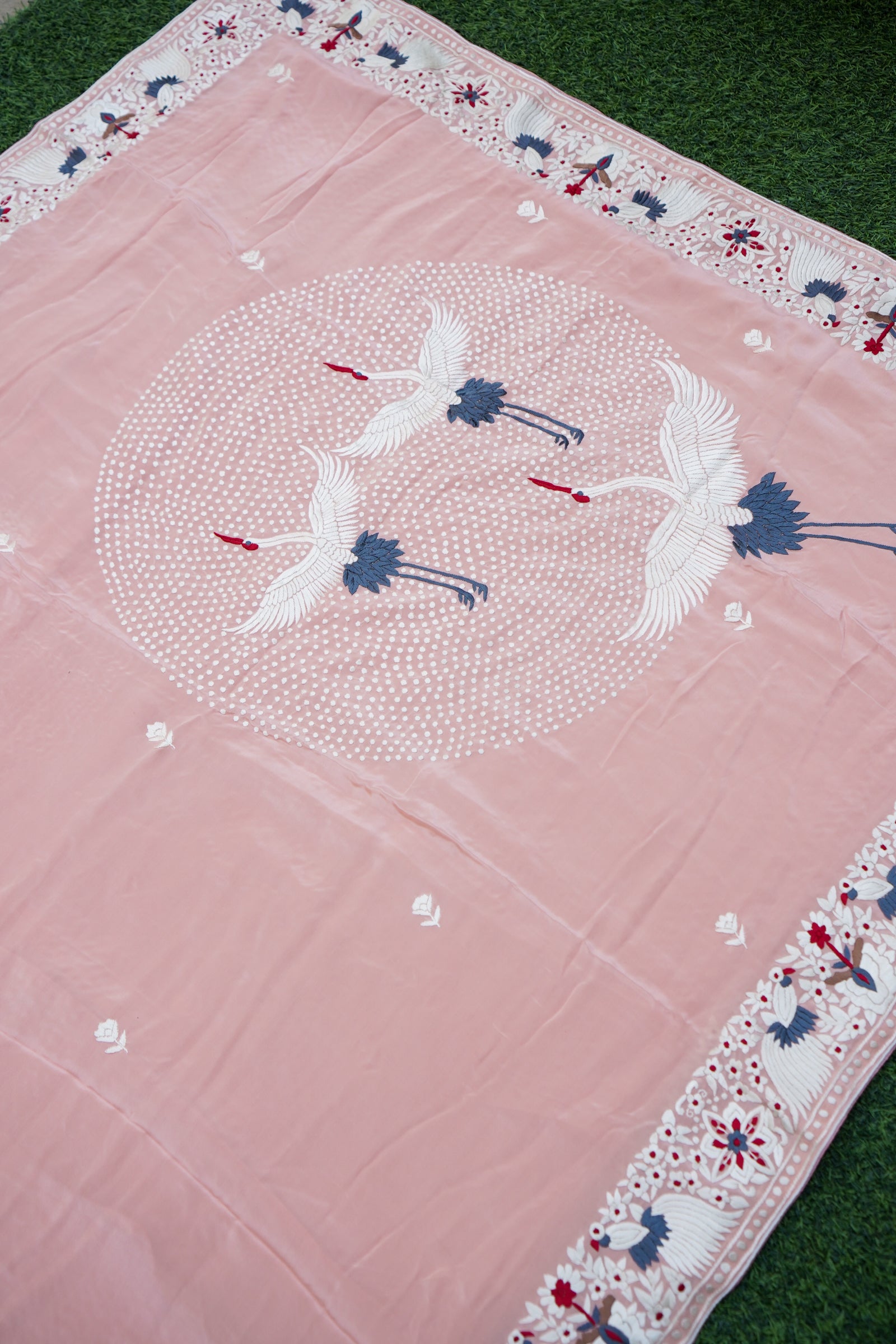 Handcrafted Parsi Gara Pure Crepe Saree in Peach - Khinkhwab