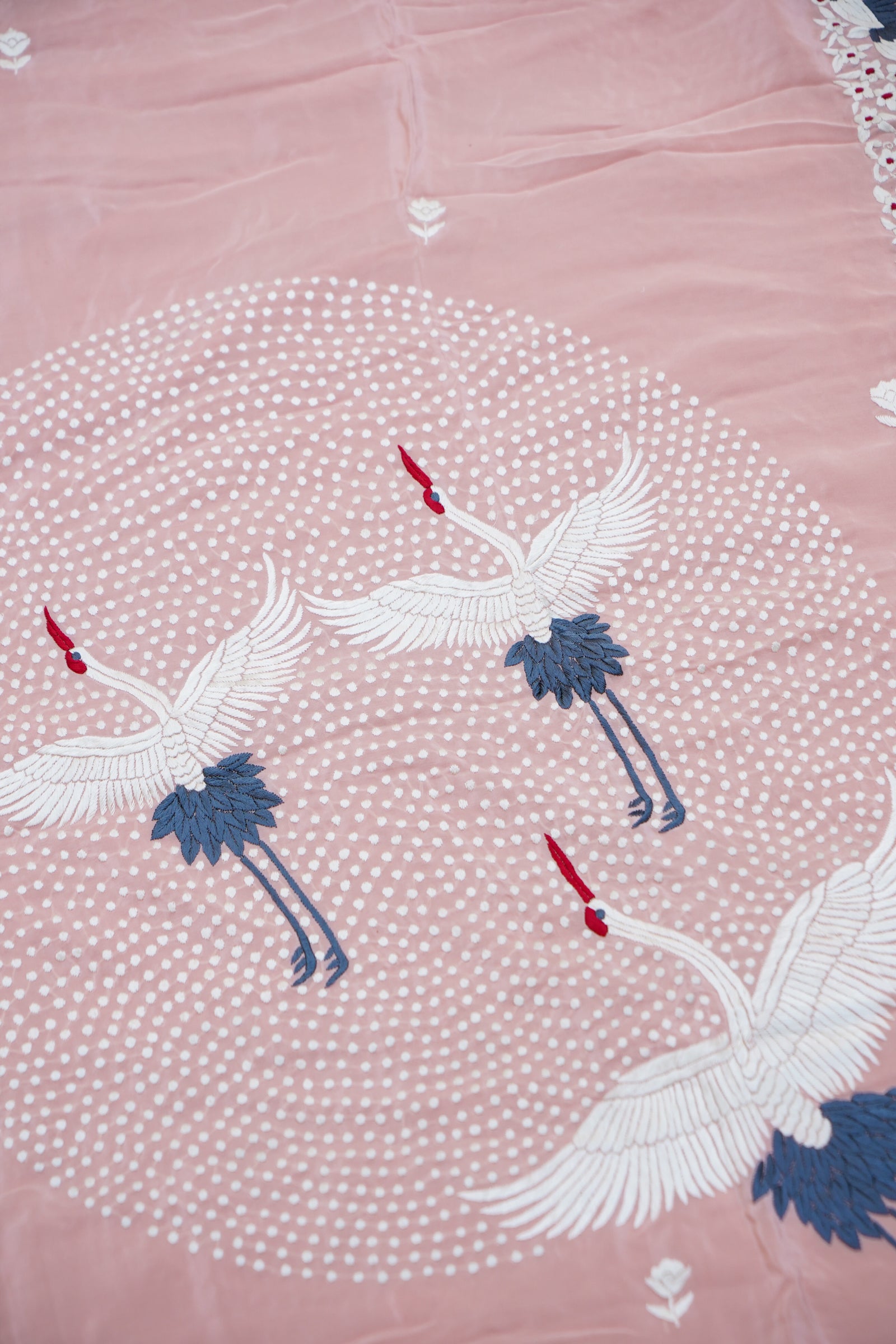 Handcrafted Parsi Gara Pure Crepe Saree in Peach - Khinkhwab