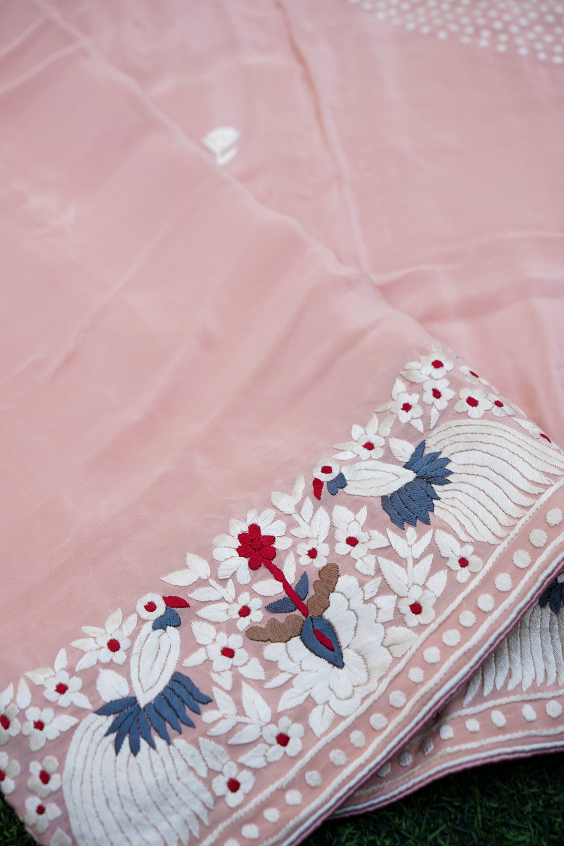 Handcrafted Parsi Gara Pure Crepe Saree in Peach - Khinkhwab