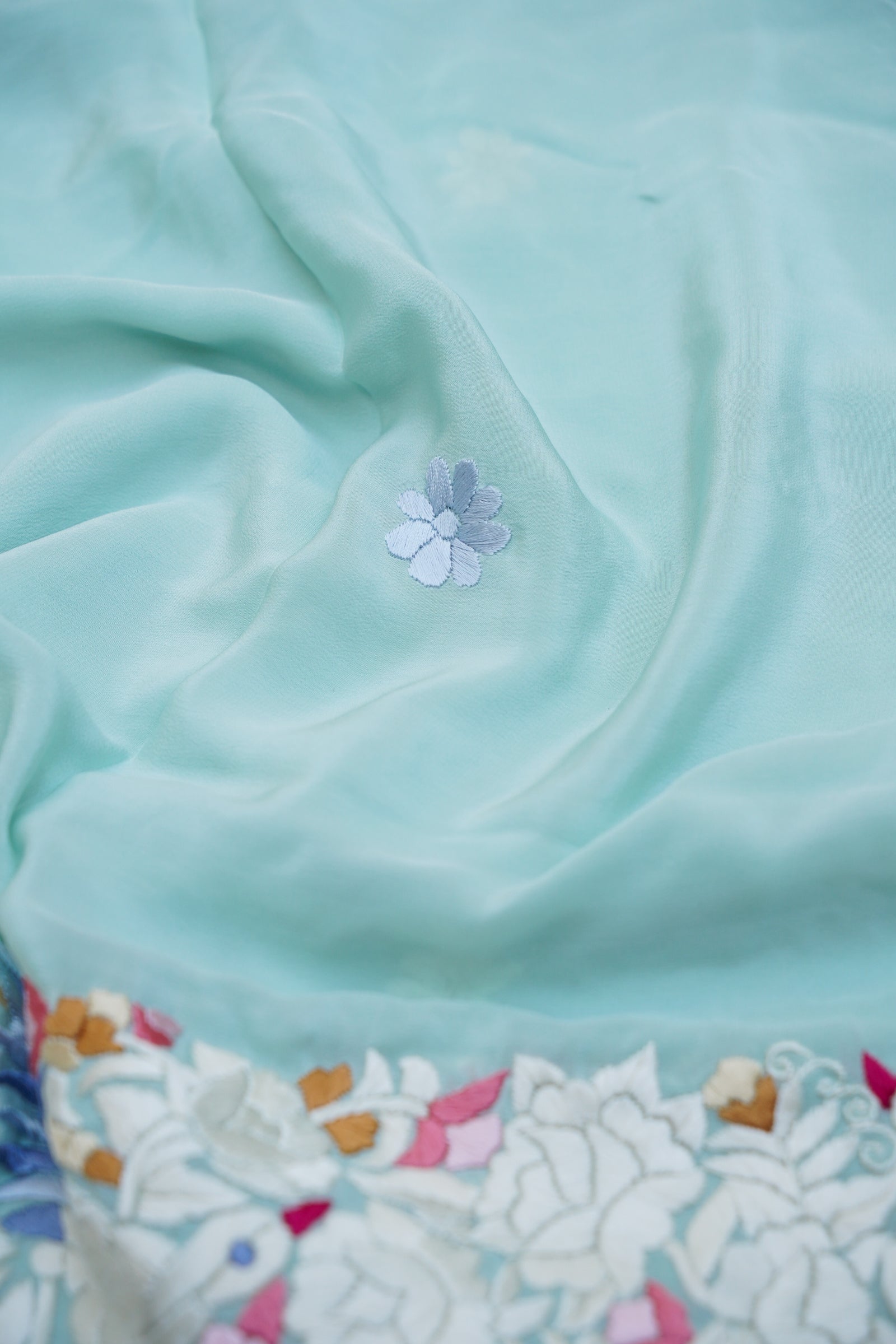 Handcrafted Parsi Gara Pure Crepe Saree in Mint - Khinkhwab