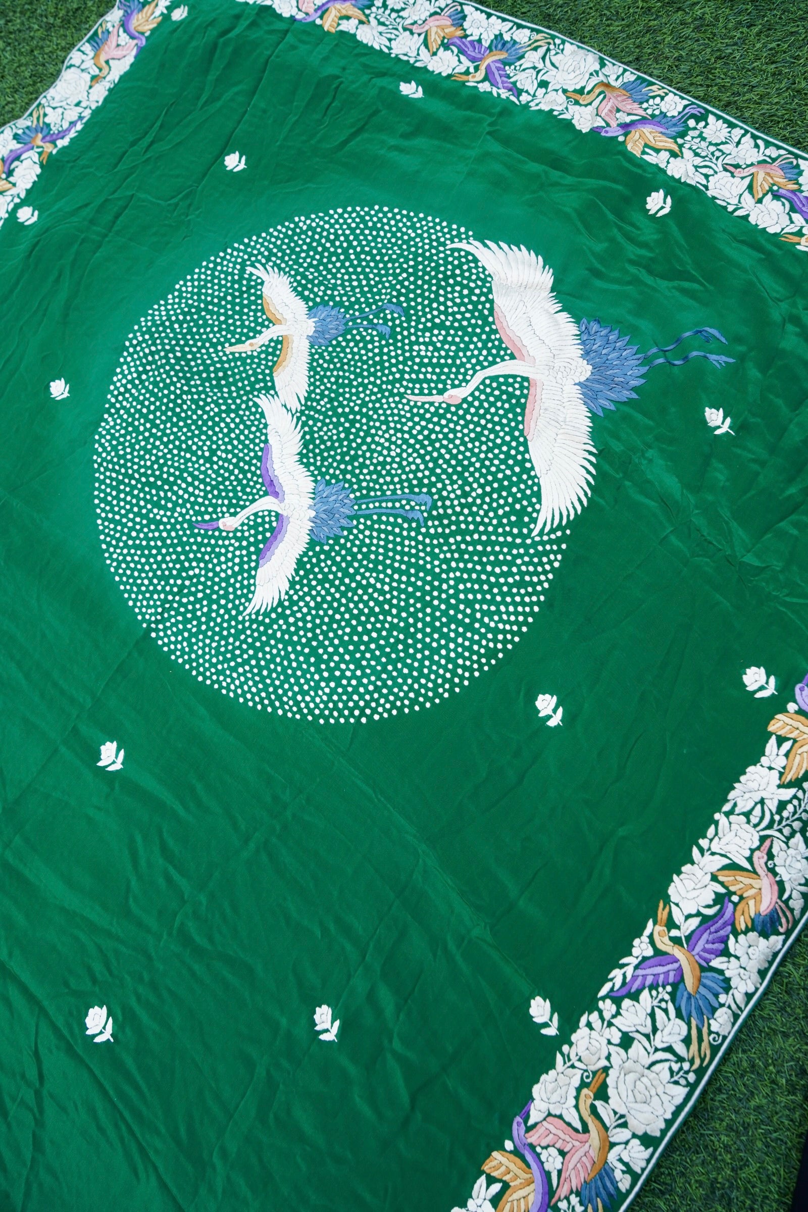 Handcrafted Parsi Gara Pure Crepe Saree in Bottle Green - Khinkhwab