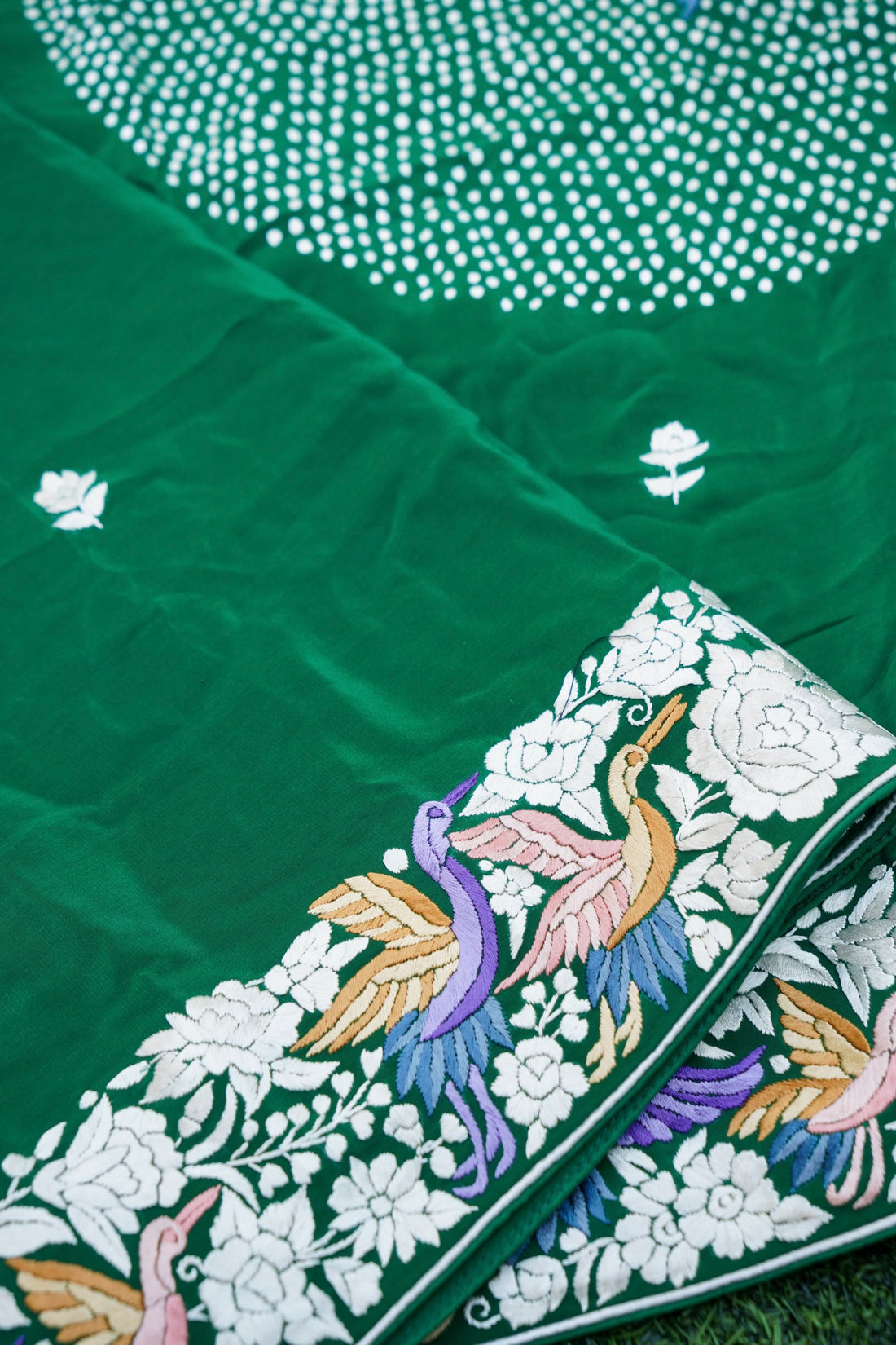 Handcrafted Parsi Gara Pure Crepe Saree in Bottle Green - Khinkhwab