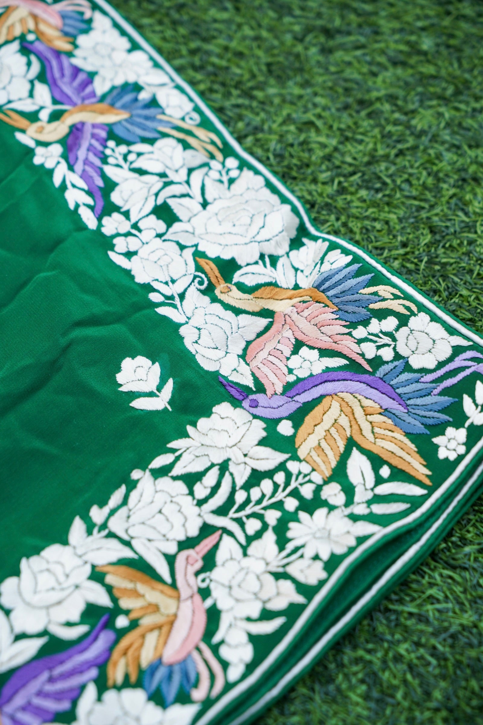 Handcrafted Parsi Gara Pure Crepe Saree in Bottle Green - Khinkhwab