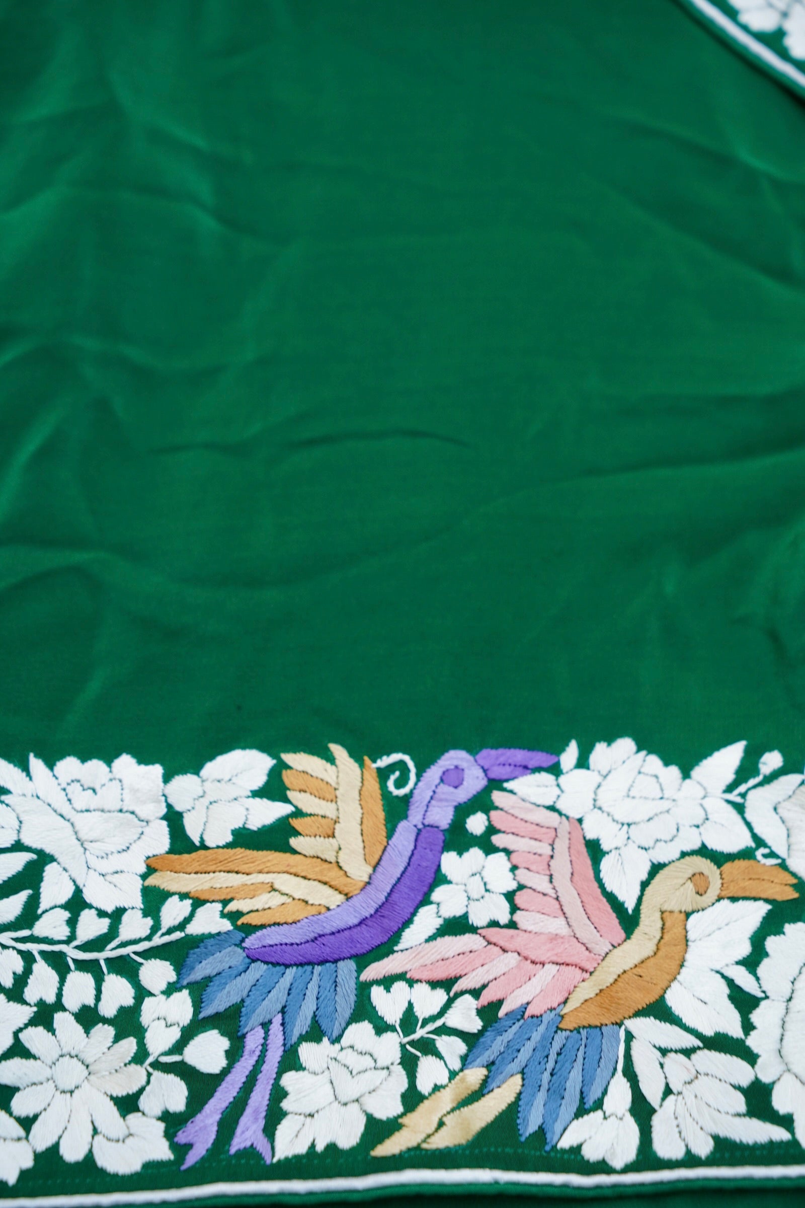 Handcrafted Parsi Gara Pure Crepe Saree in Bottle Green - Khinkhwab
