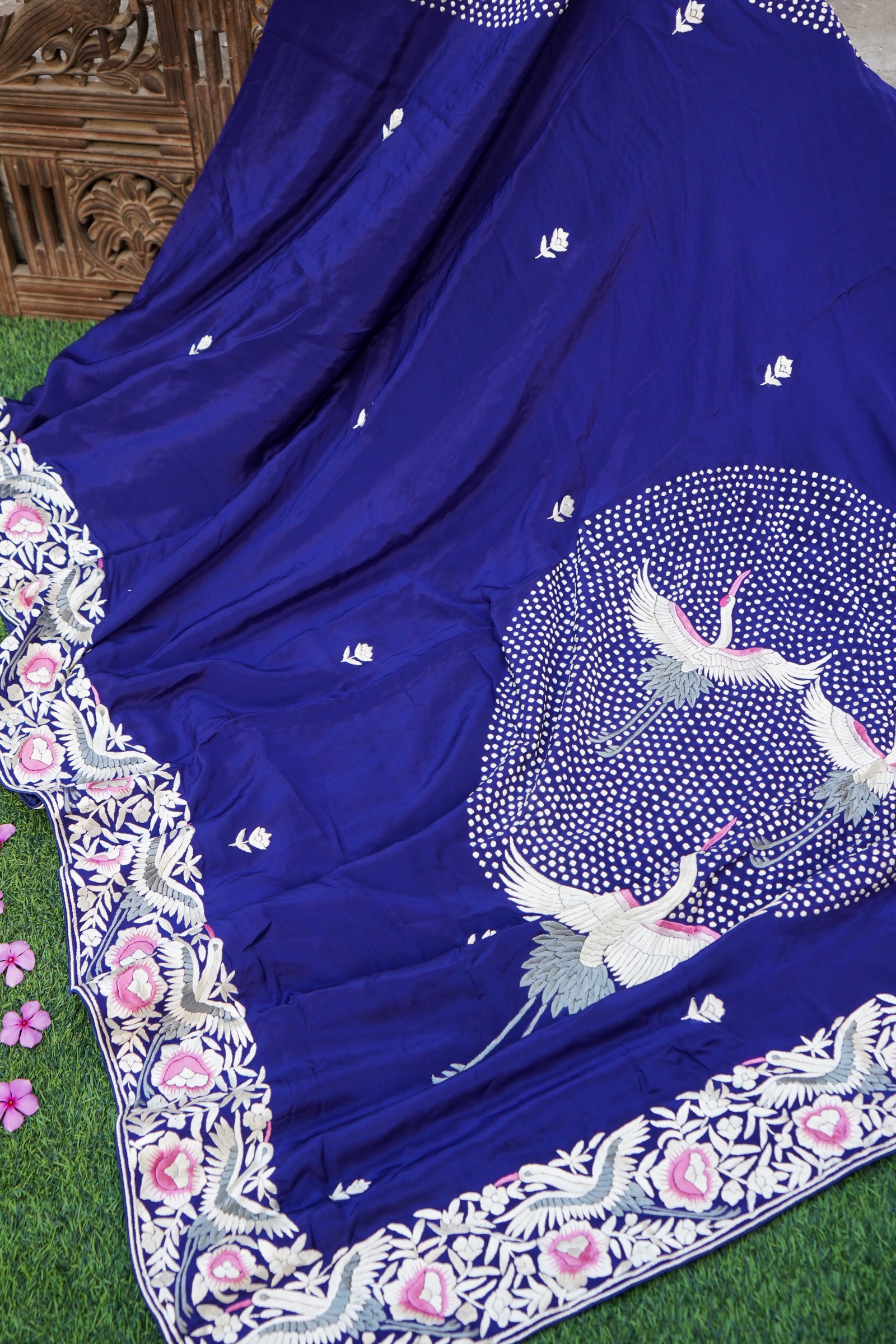 Handcrafted Parsi Gara Pure Crepe Saree in Royal Blue - Khinkhwab