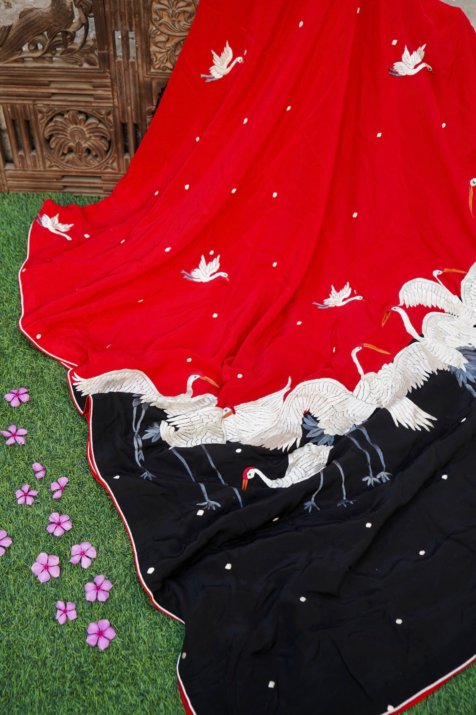 Handcrafted Parsi Gara Pure Crepe Saree in Red & Black - Khinkhwab