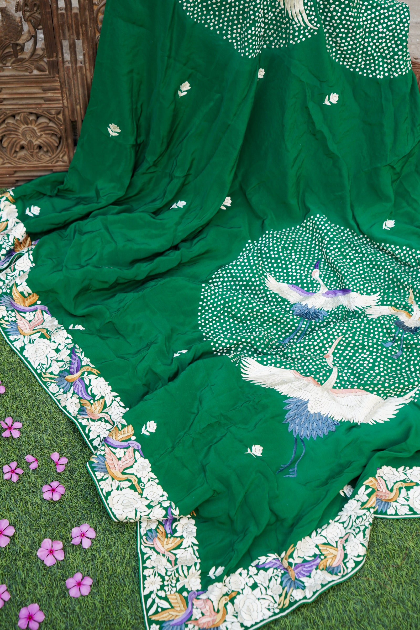 Handcrafted Parsi Gara Pure Crepe Saree in Bottle Green - Khinkhwab