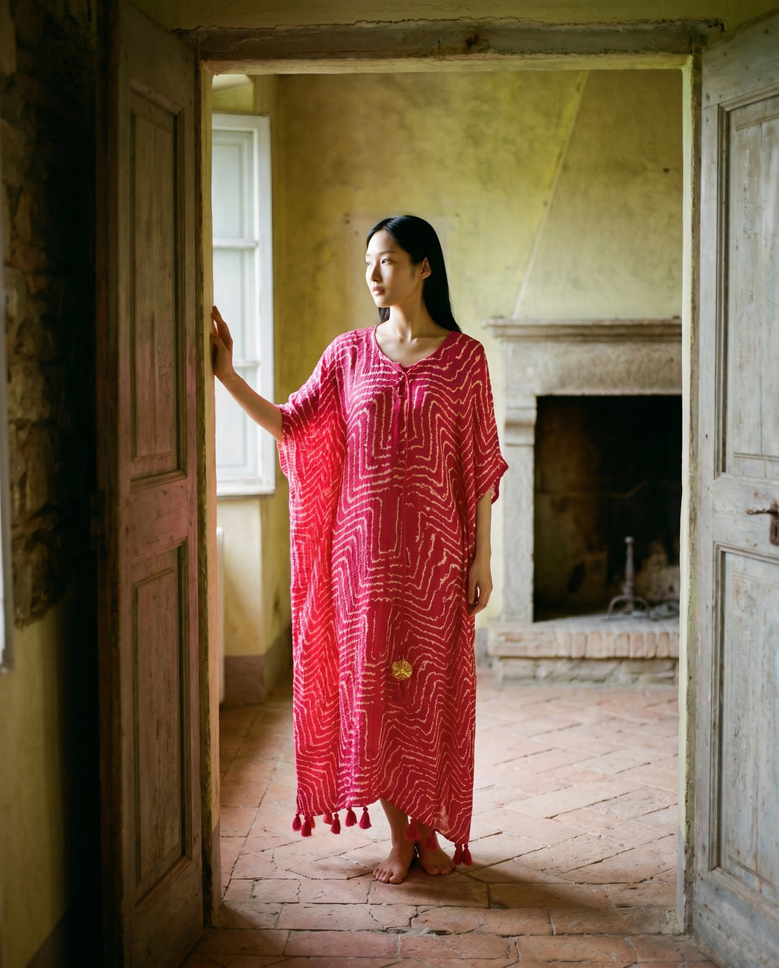 Gajji Silk Bandhani Stitched Kaftan in Rani Pink