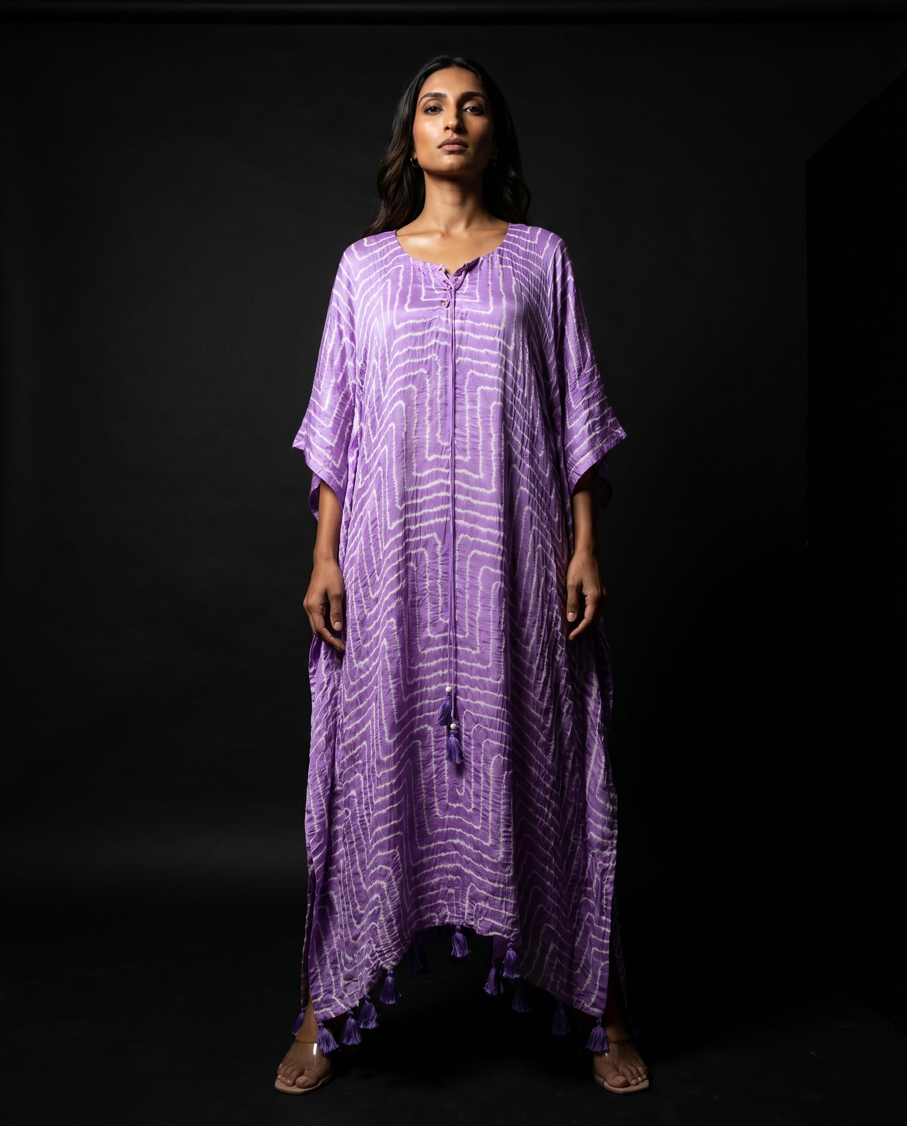 Gajji Silk Bandhani Stitched Kaftan in Lilac Purple