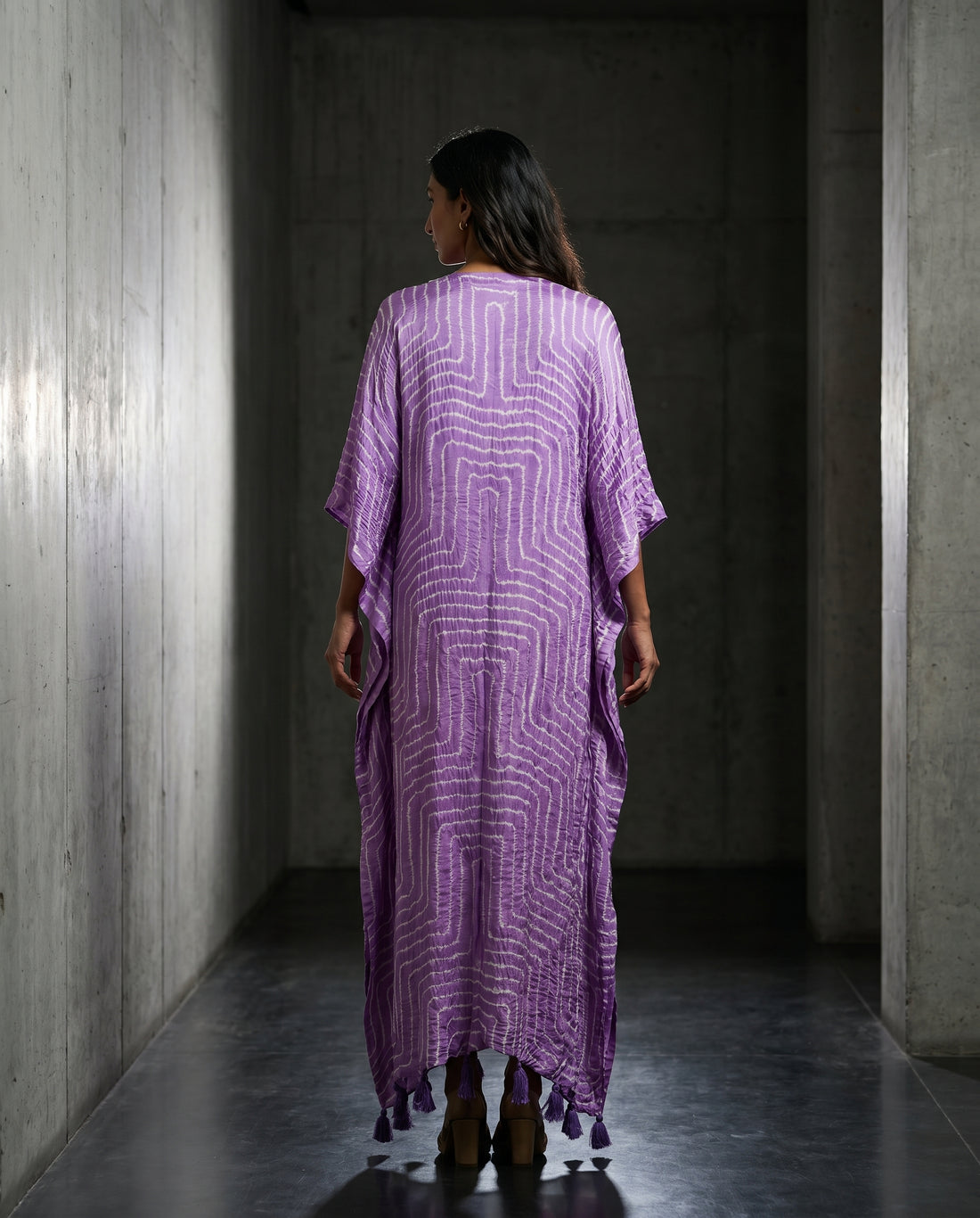 Gajji Silk Bandhani Stitched Kaftan in Lilac Purple