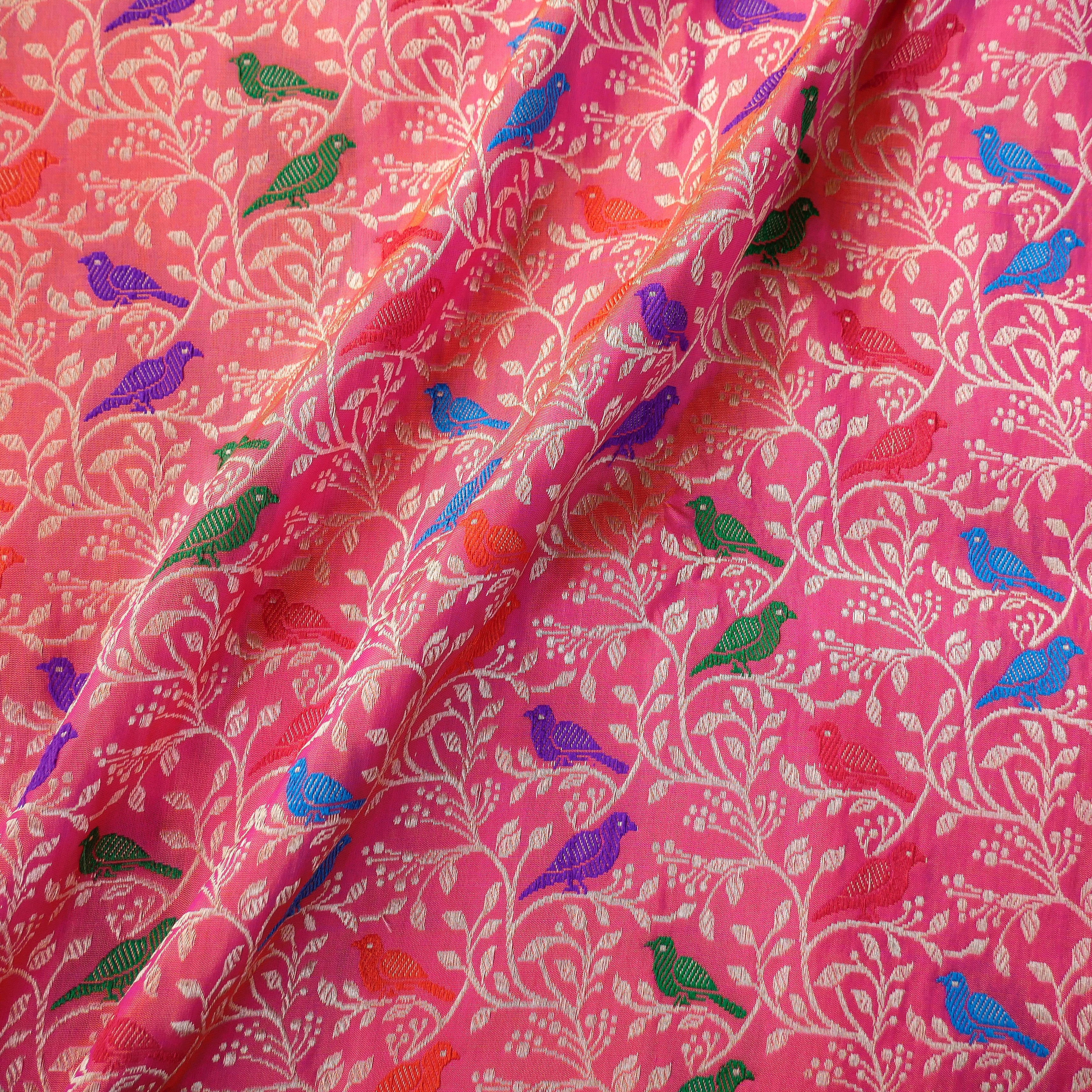 Handwoven Brink Pink Pure Katan Silk Banarasi Shikargah Fabric - Khinkhwab