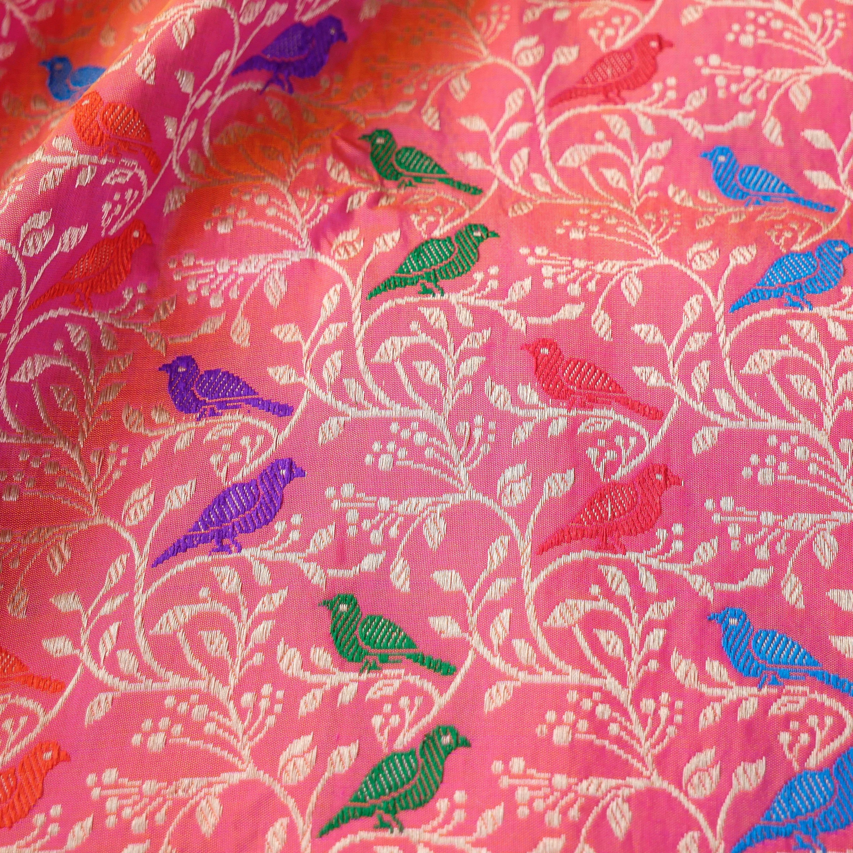 Handwoven Brink Pink Pure Katan Silk Banarasi Shikargah Fabric - Khinkhwab