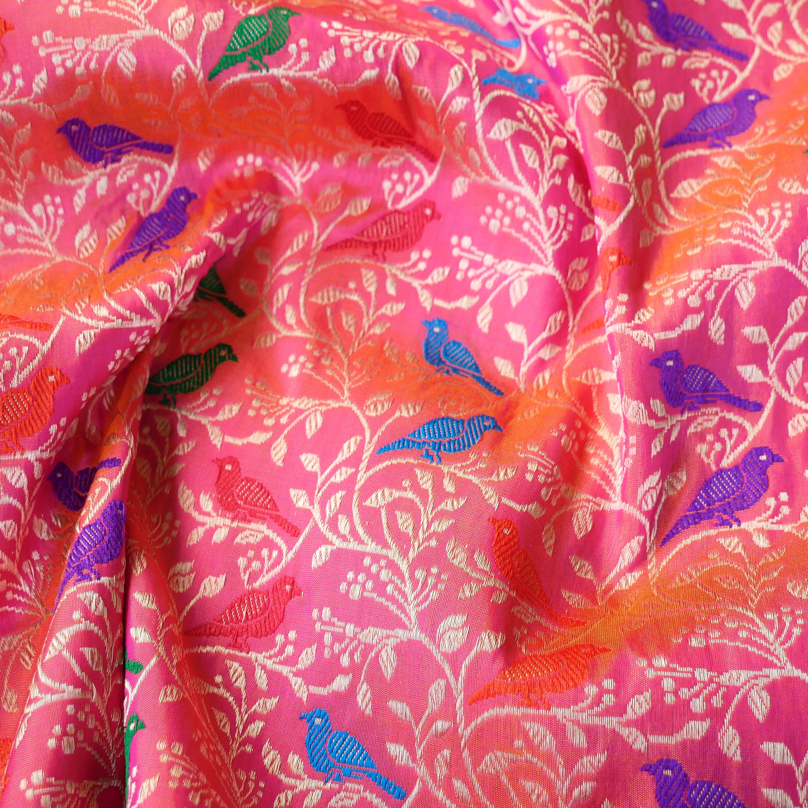 Handwoven Brink Pink Pure Katan Silk Banarasi Shikargah Fabric - Khinkhwab