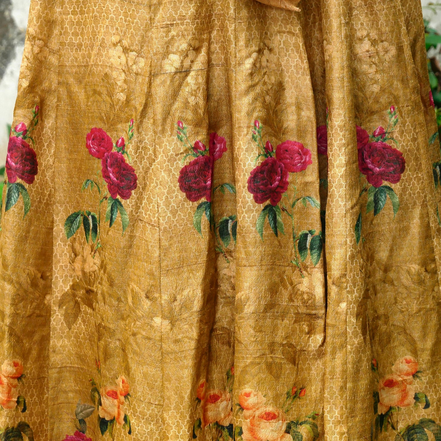 Nugget Yellow Pure Tussar Silk Print Kalidar Stitched Lehenga Set - Khinkhwab