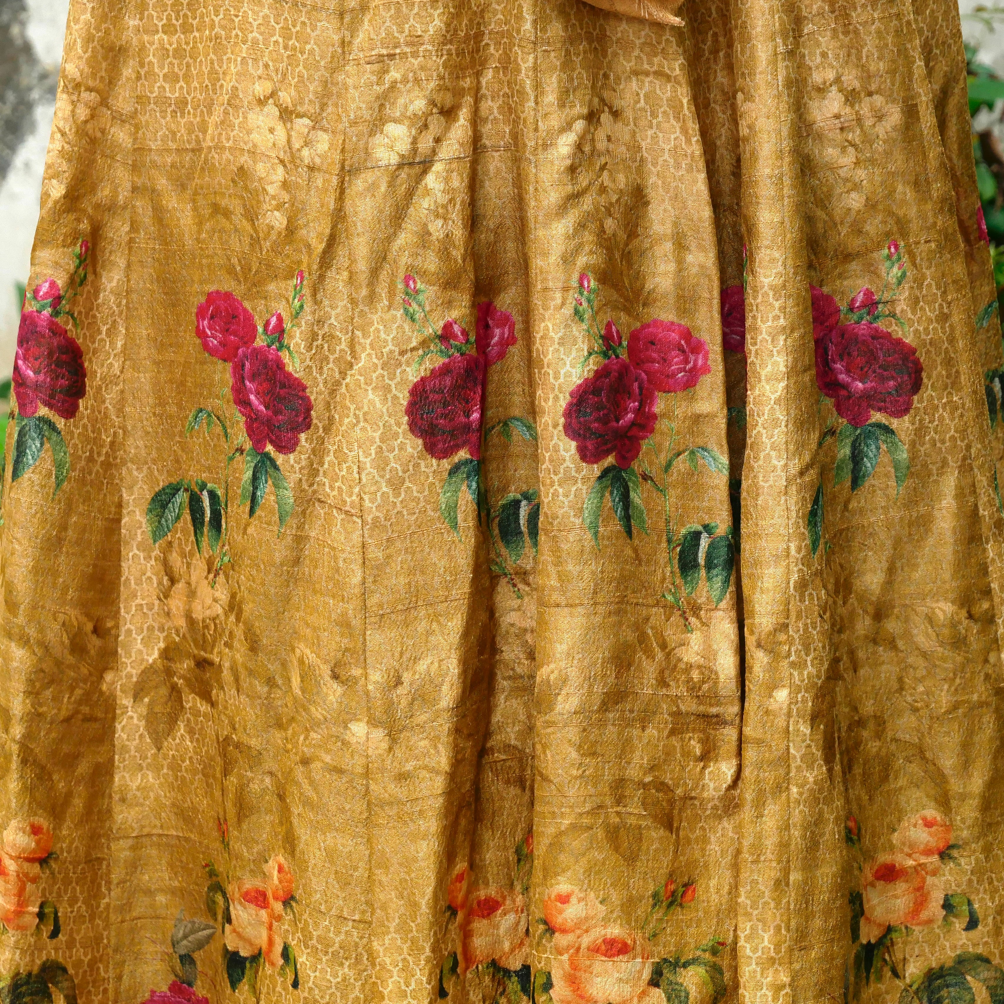 Nugget Yellow Pure Tussar Silk Print Kalidar Stitched Lehenga Set - Khinkhwab