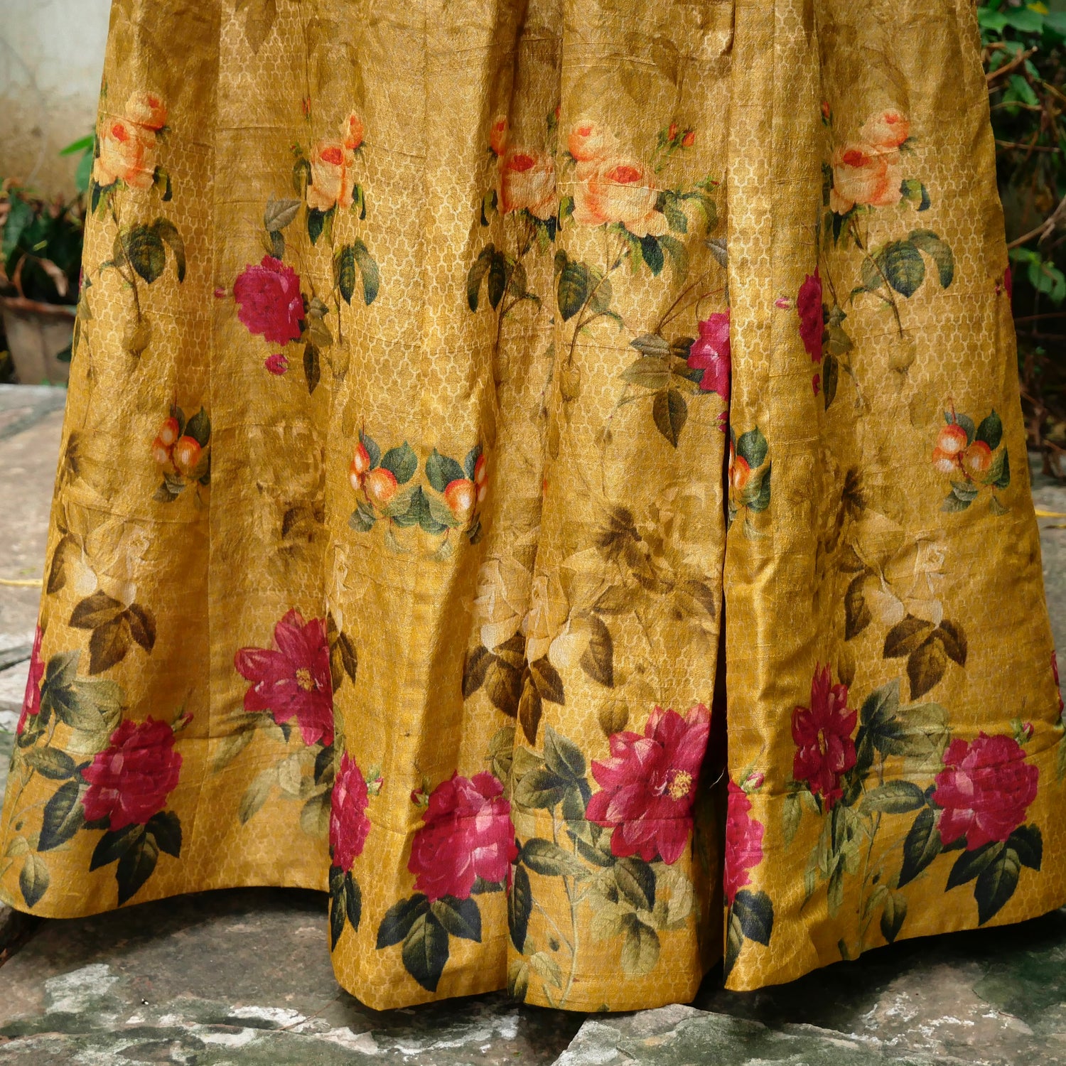 Nugget Yellow Pure Tussar Silk Print Kalidar Stitched Lehenga Set - Khinkhwab
