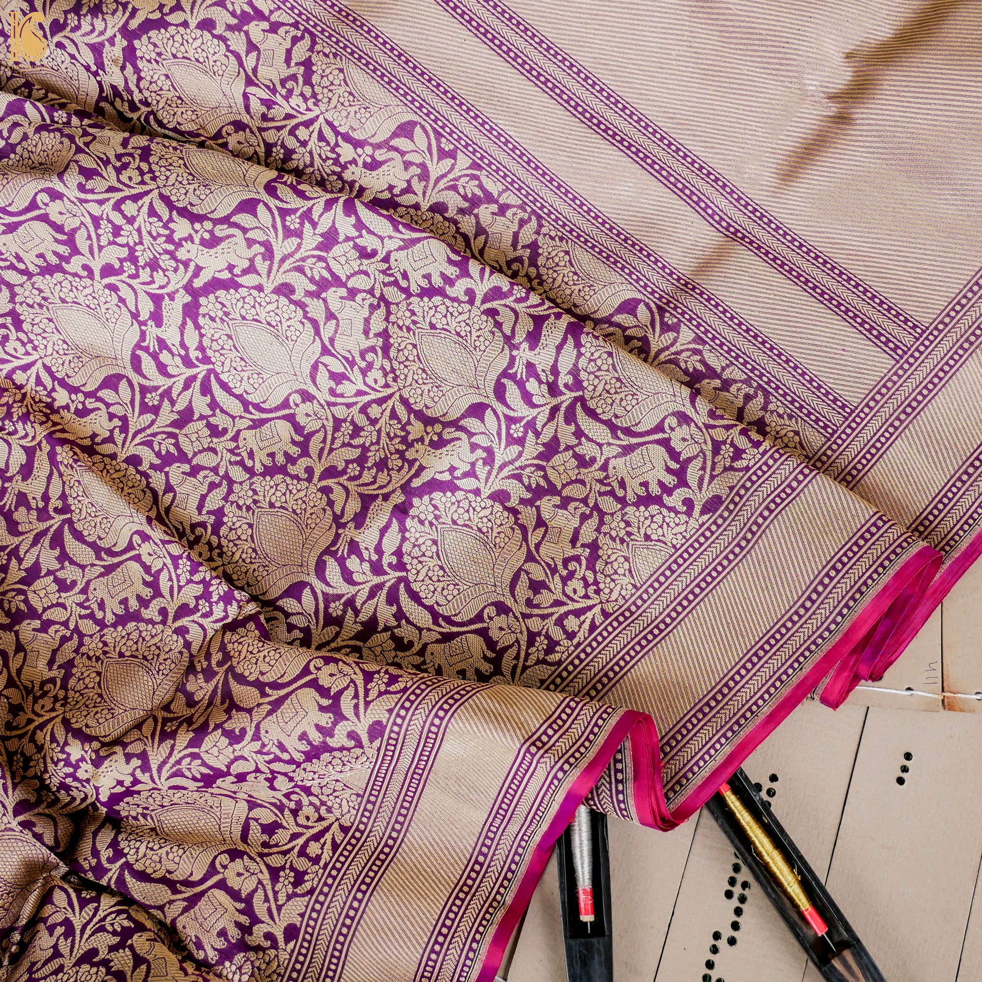 Purple Katan Silk Handloom Banarasi Shikargah Saree - Khinkhwab