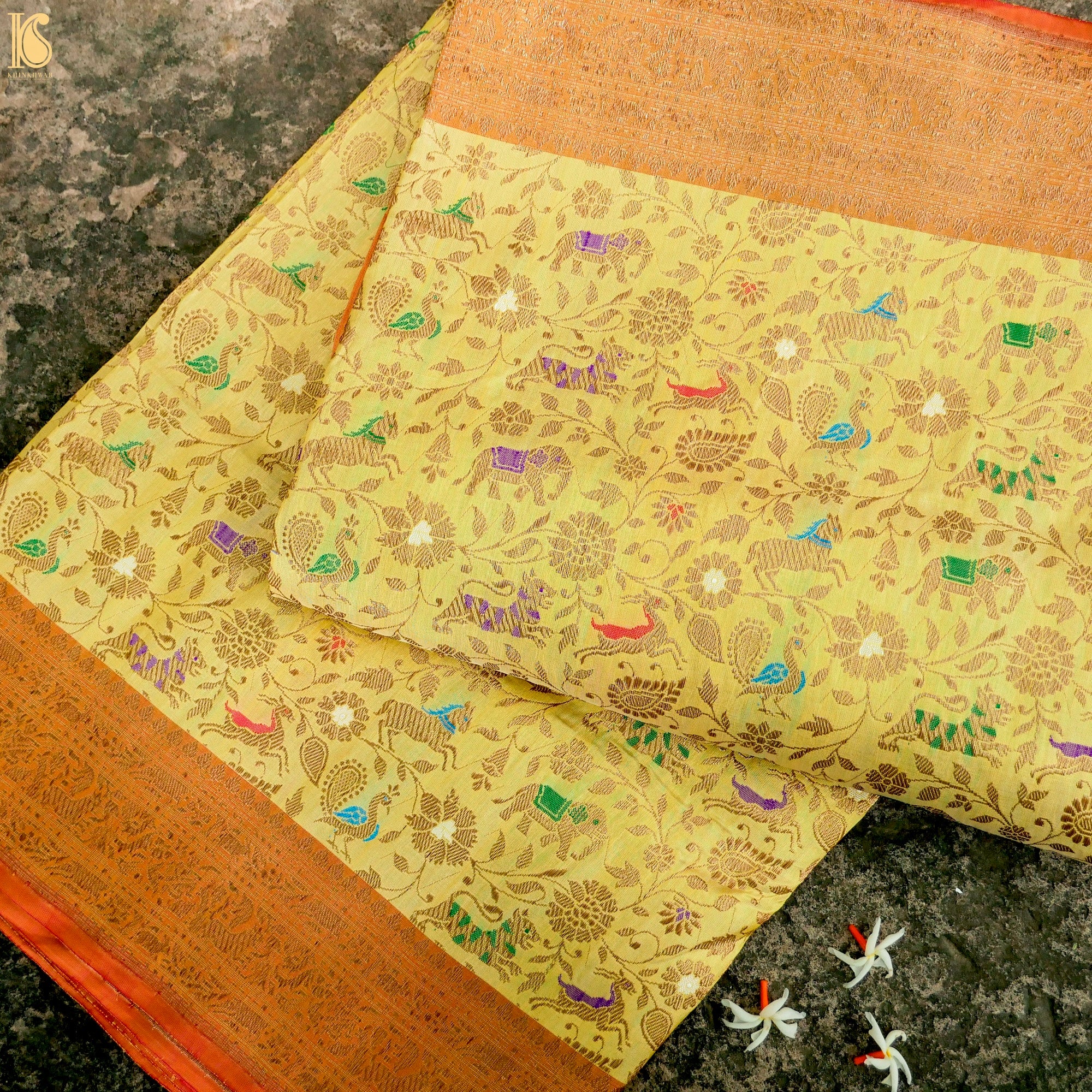 Handloom Katan Silk Banarasi Shikargah Multi Meena Saree - Khinkhwab