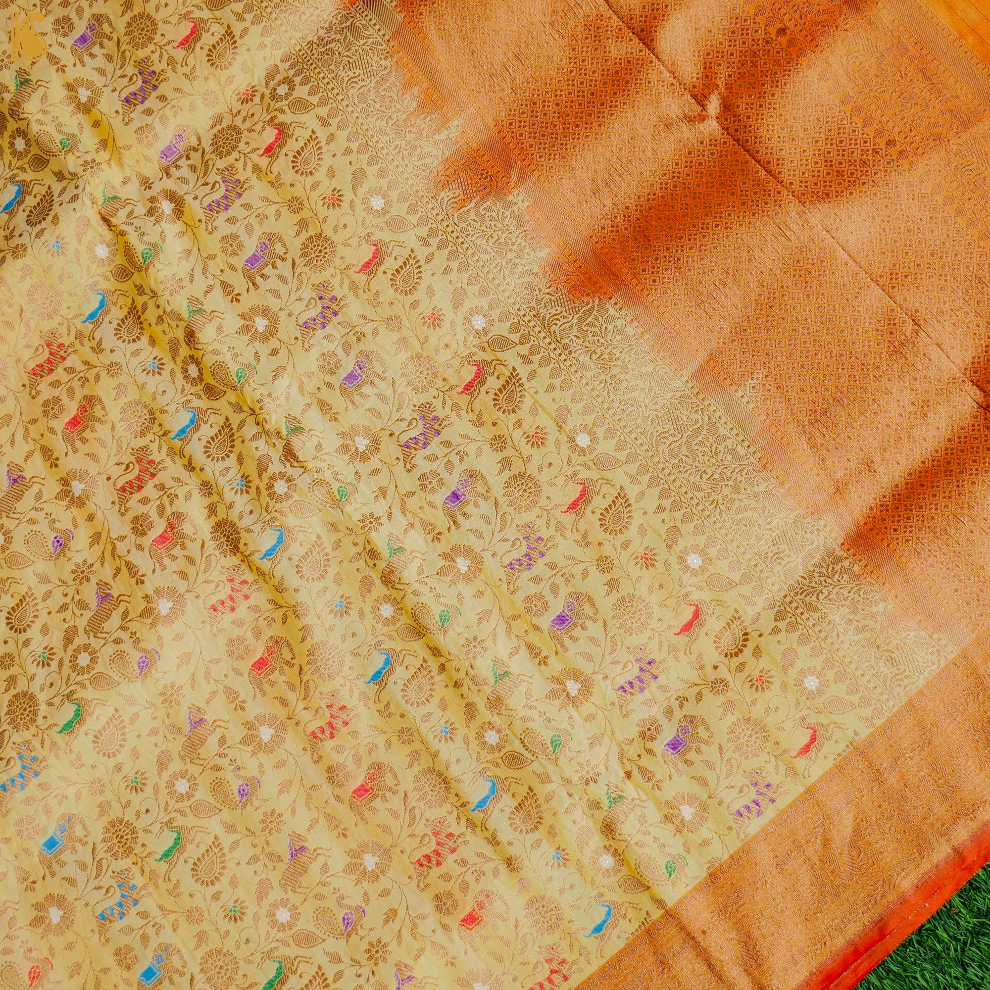 Handloom Katan Silk Banarasi Shikargah Multi Meena Saree - Khinkhwab