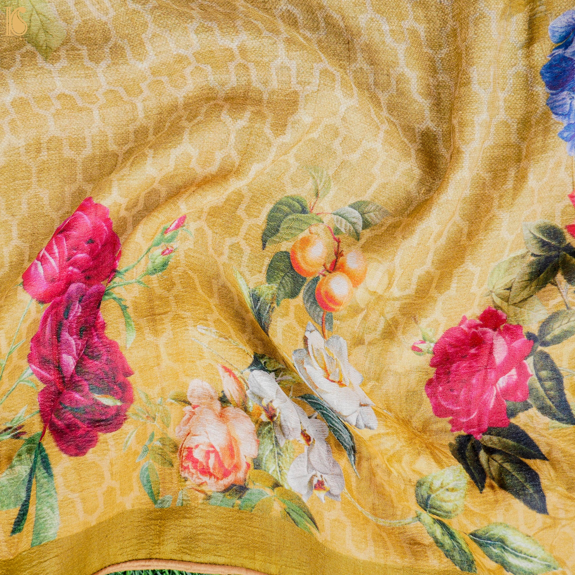 Nugget Yellow Pure Tussar Silk Print Kalidar Stitched Lehenga Set - Khinkhwab